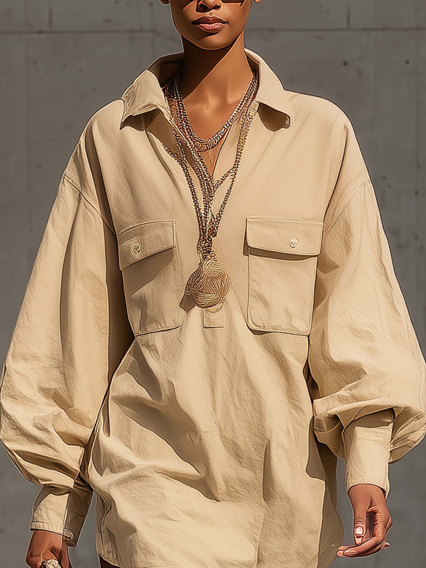 Beige Cotton Linen Shirt Collar Pocket Loose Mini Dress