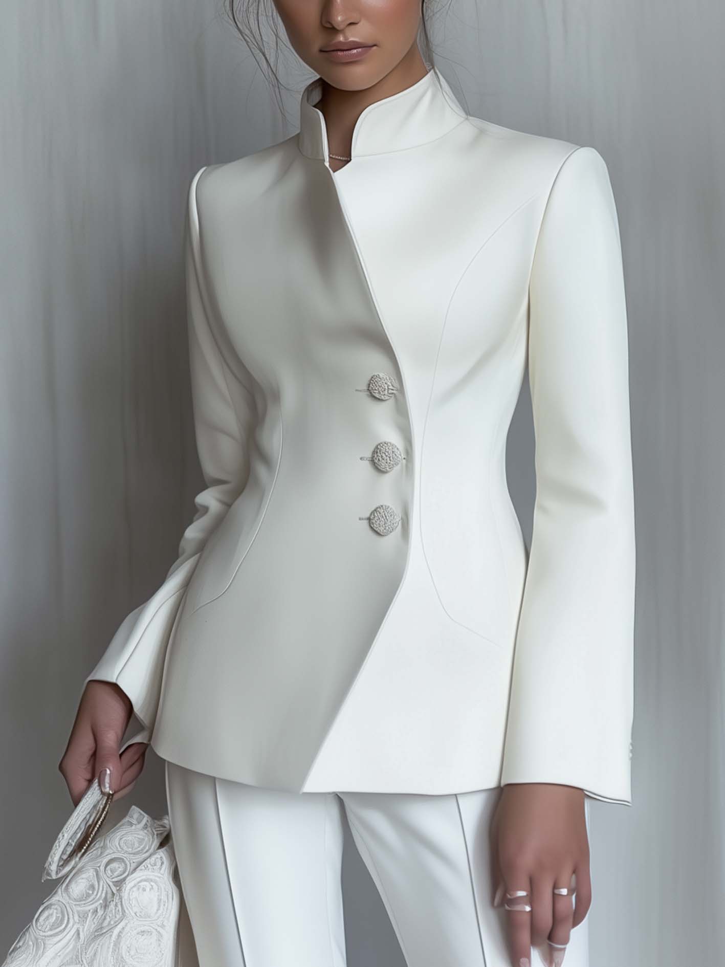 Elegant White Blazer With Stand-up Collar