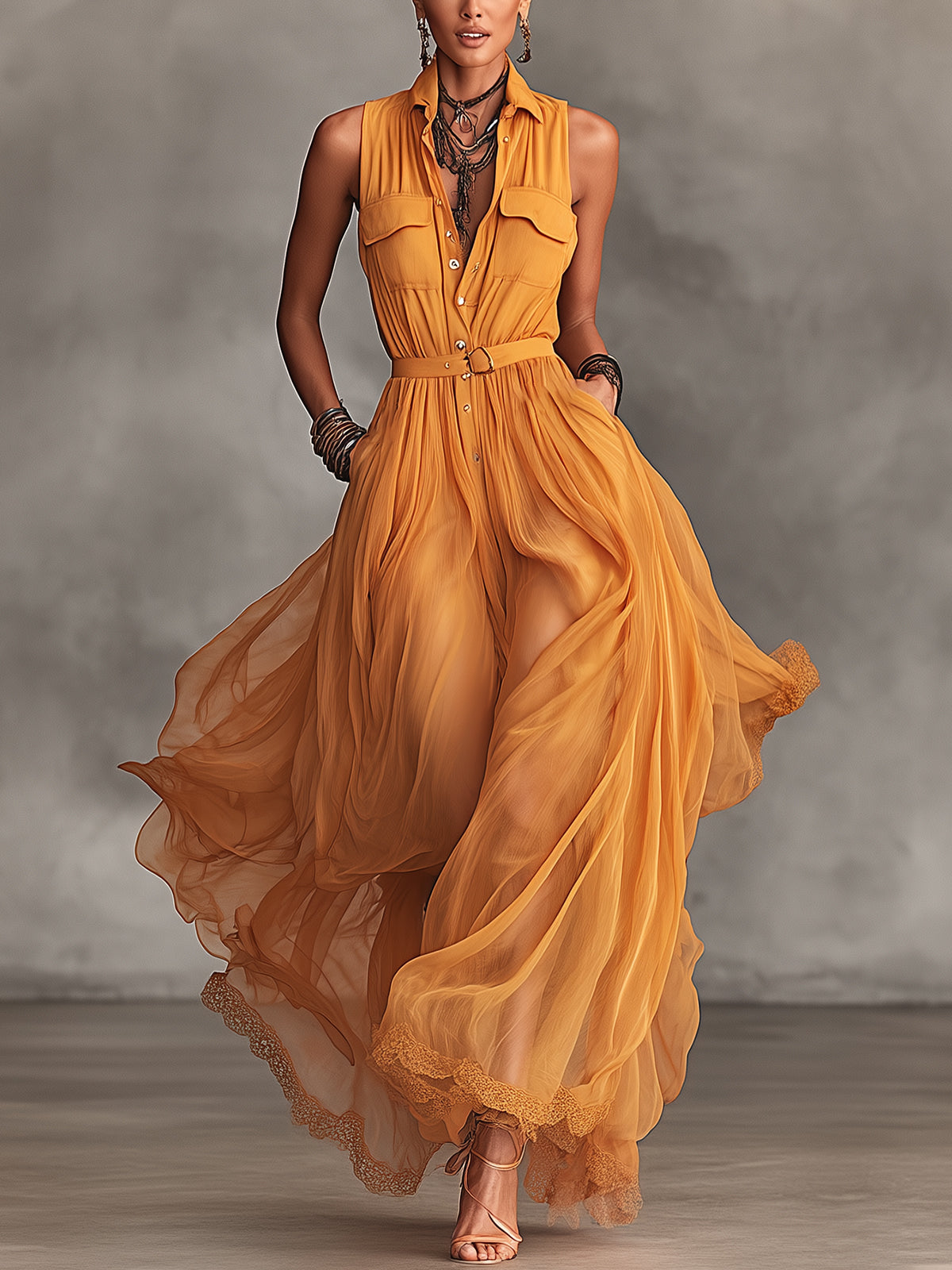 Orange Button-Down Belted Chiffon Maxi Dress