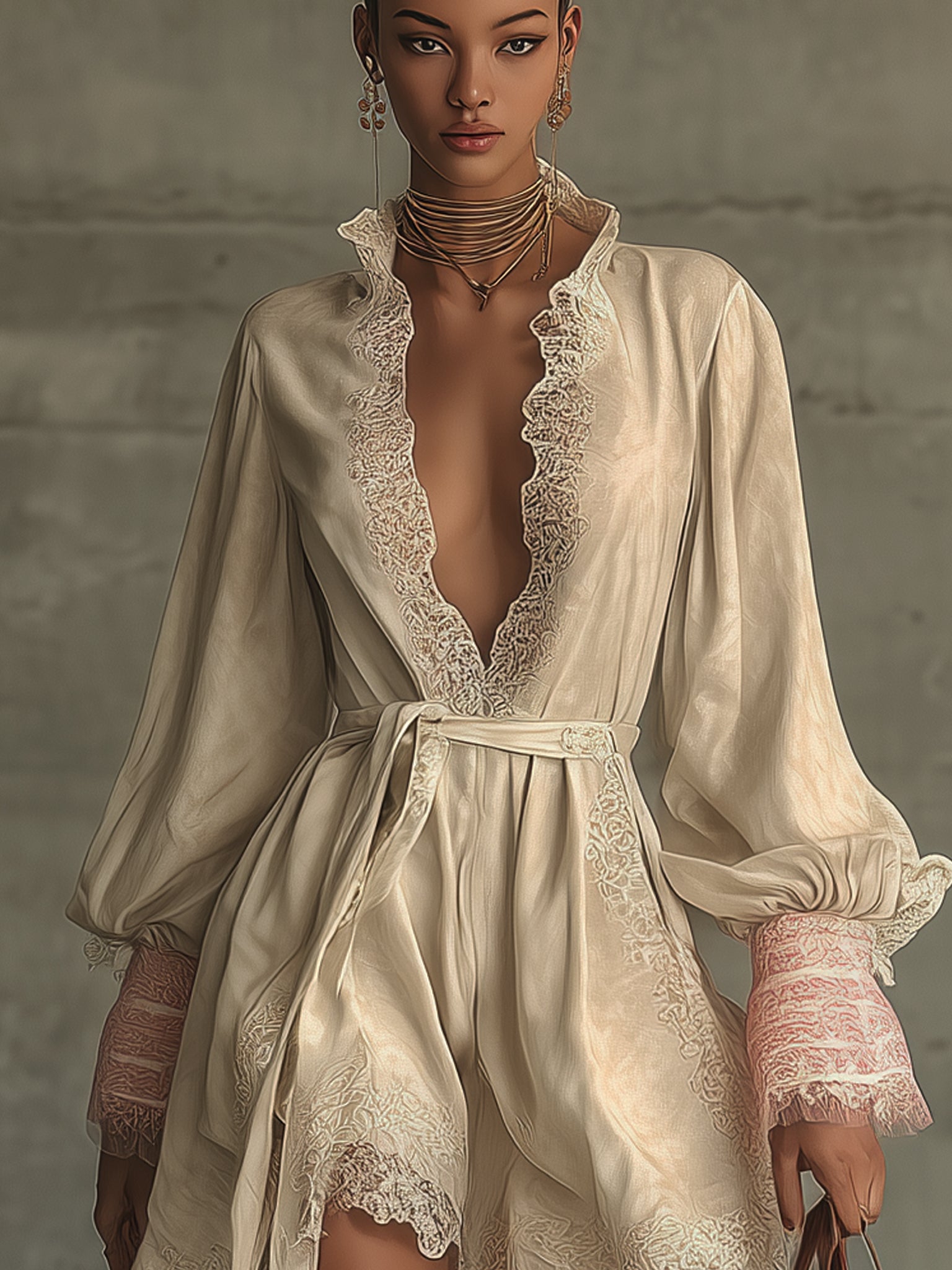Beige Lace Trim V-Neck Tie Front Mini Dress