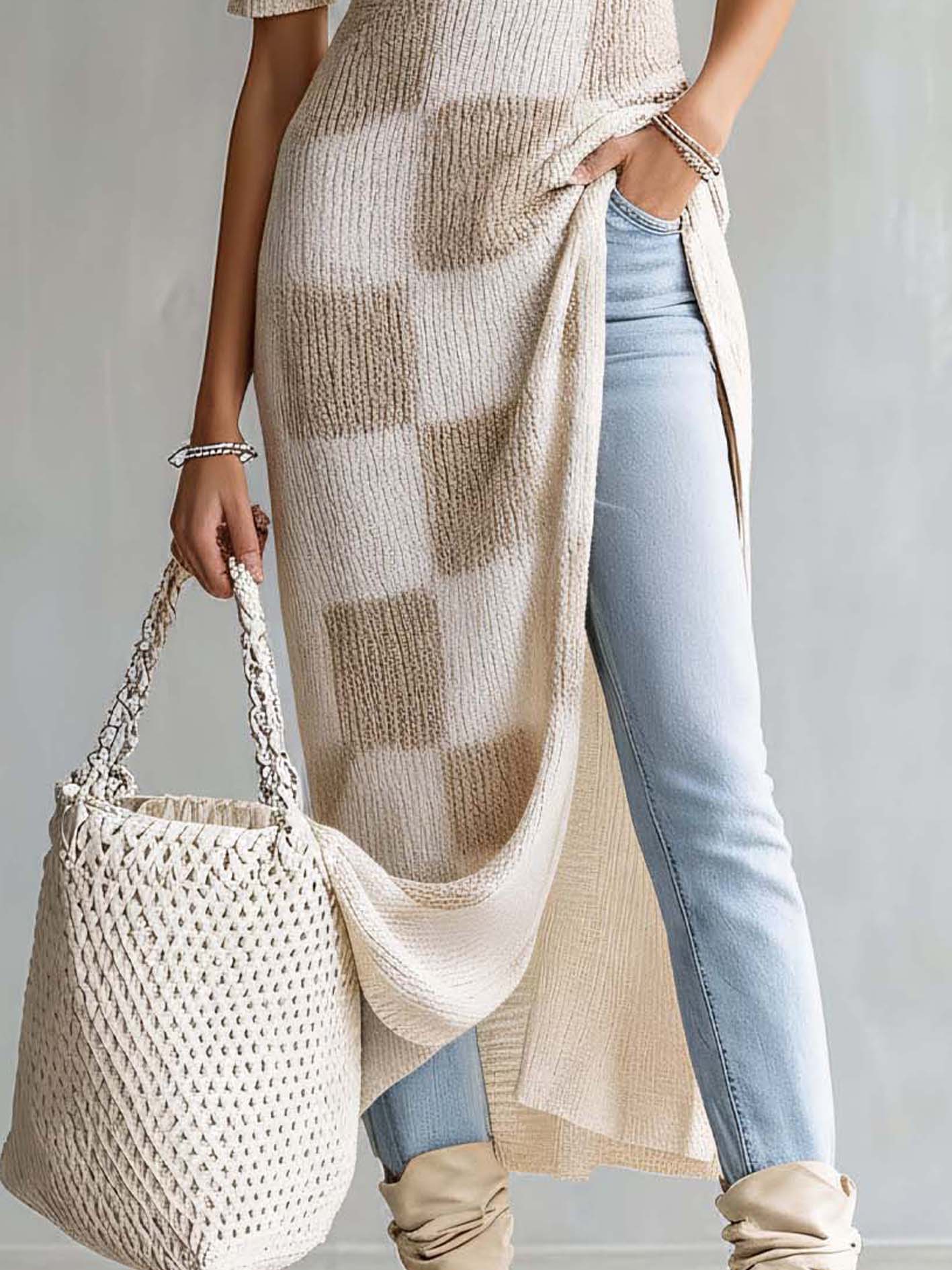 White Plaid Soft Textured  Knit Maxi Dress