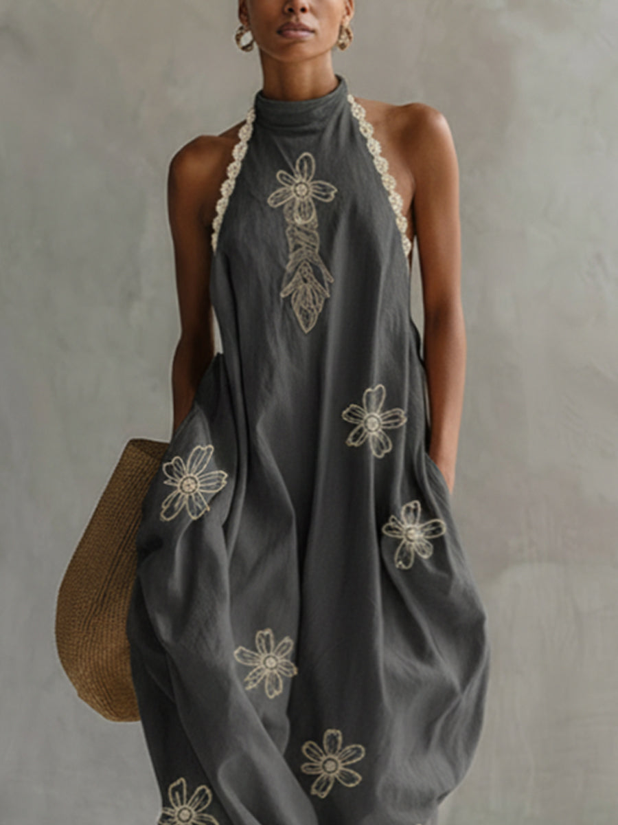 Gray Embroidered Linen Blend Sleeveless Balloon Maxi Dress
