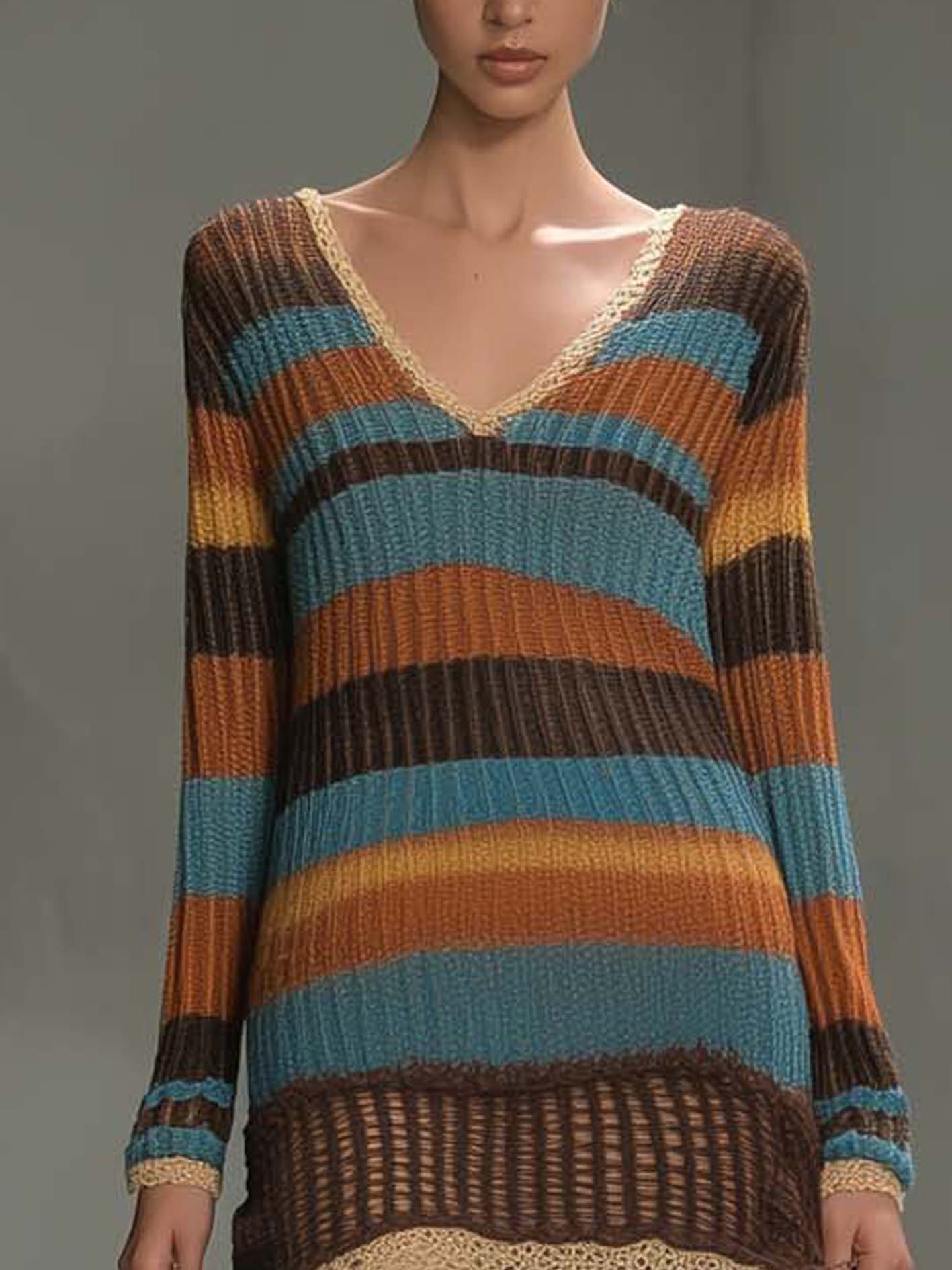 Colorful Knitted Mini Dress With Dark Blue And Brown Color Blocking