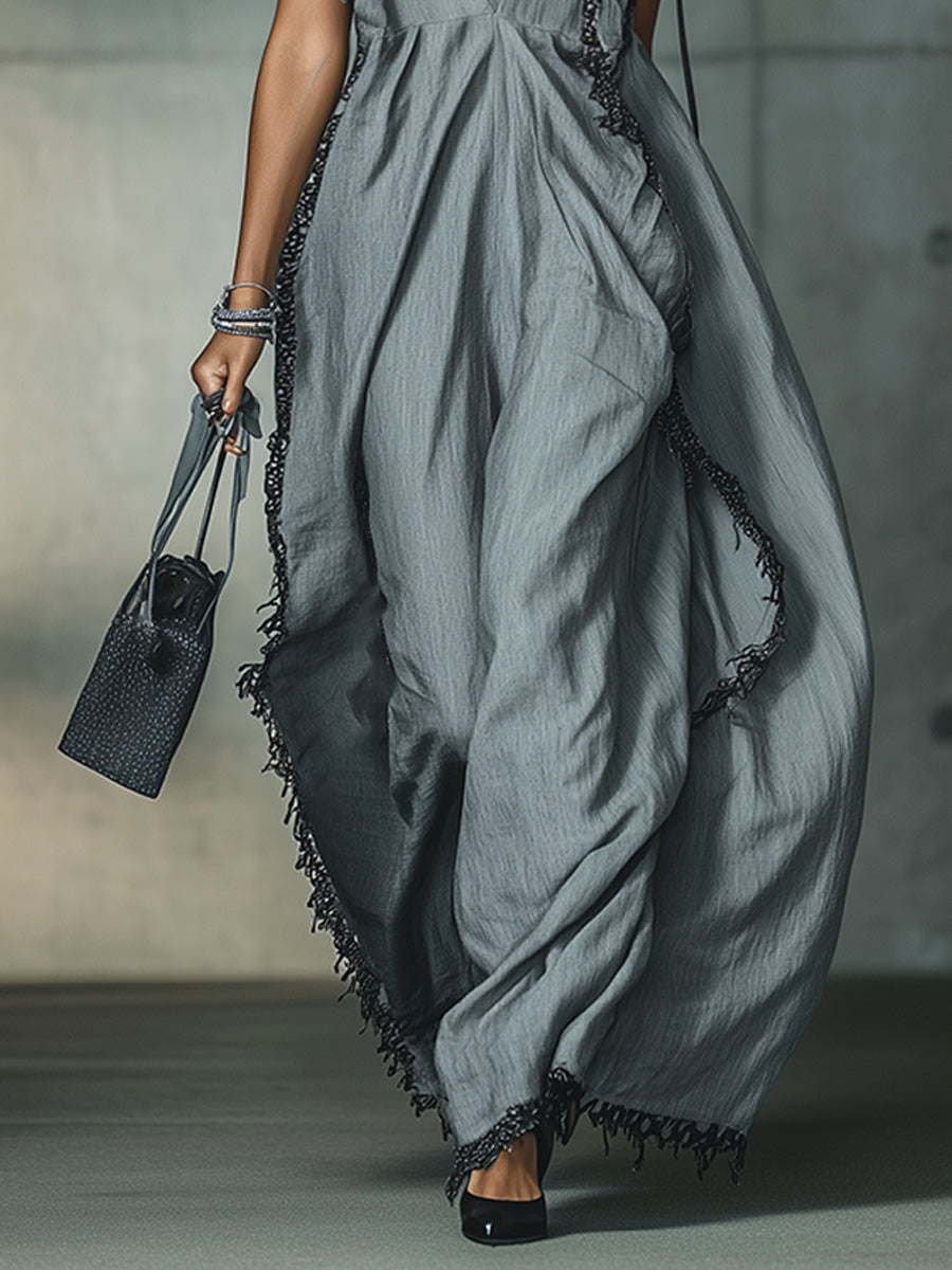 Blue Sleeveless Deep V-Neck Maxi Dress With Black Lace Trim