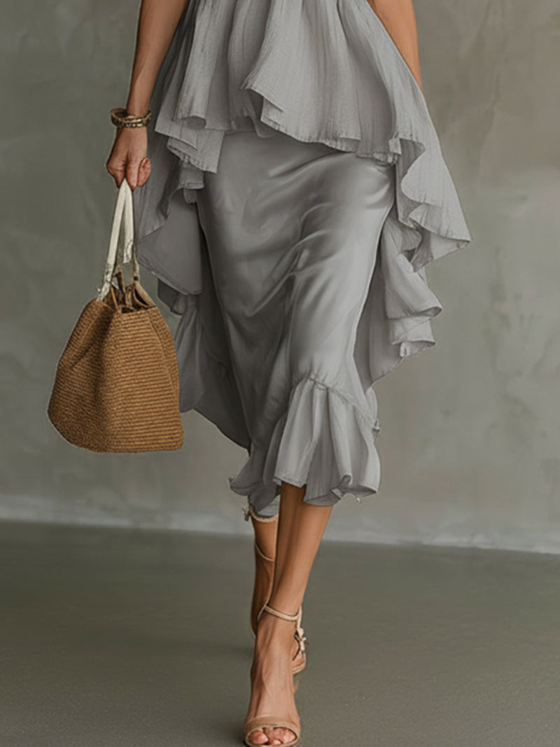 Gray Layered Ruffled Asymmetrical Spaghetti Strap Cotton And Linen Shirt And Satin Skirt Set
