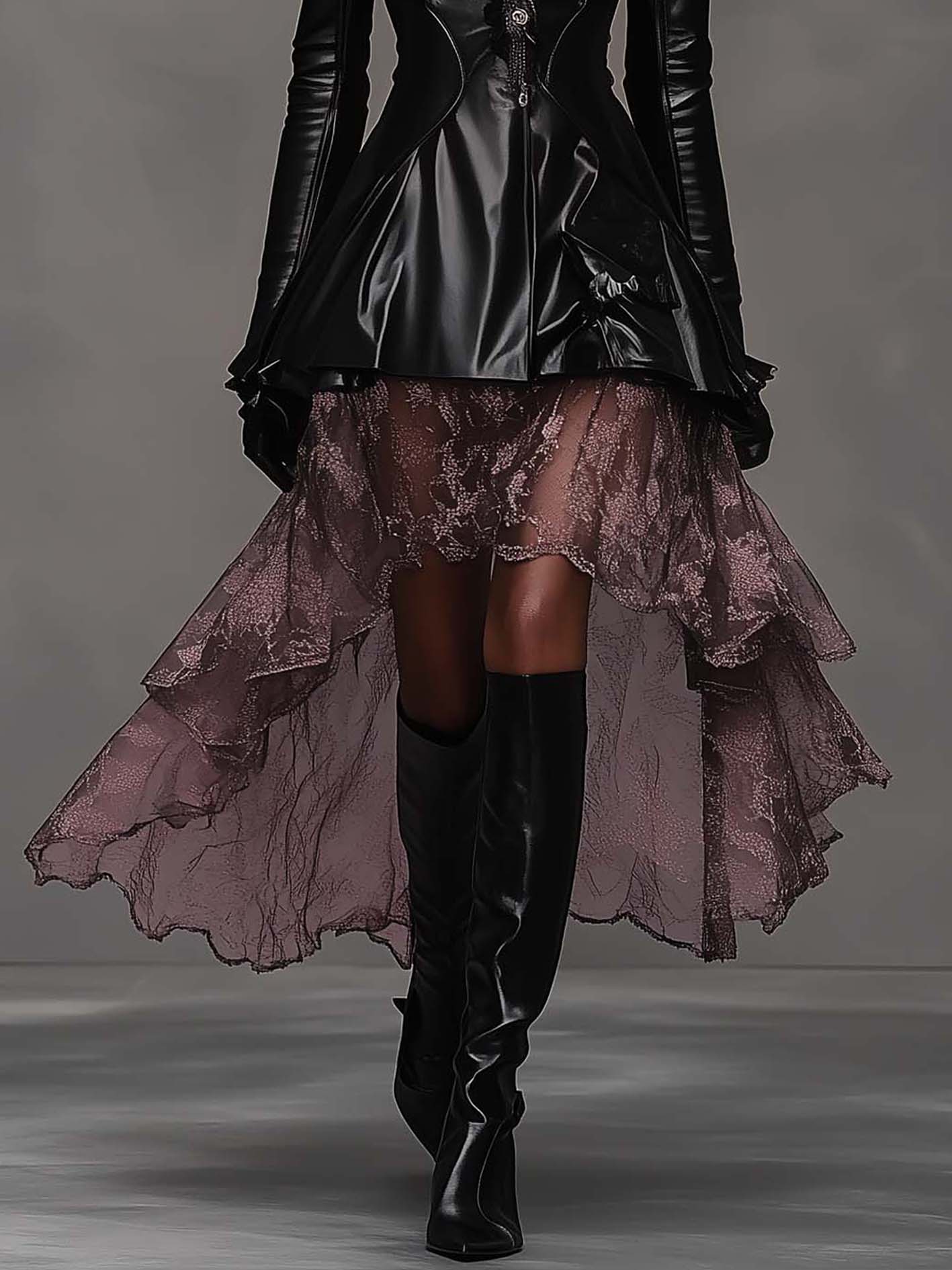 Black Collared Faux Leather Midi Dress With Pink Mesh
