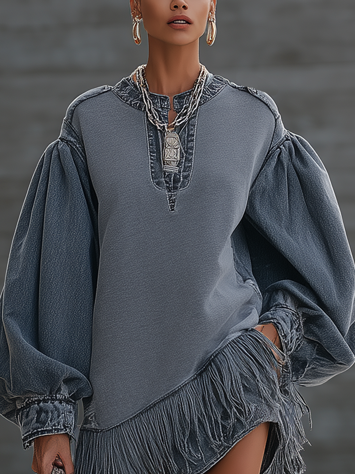 Blue Denim Patchwork Blend V-neck Lantern Sleeve Tassel Loose Mini Dress