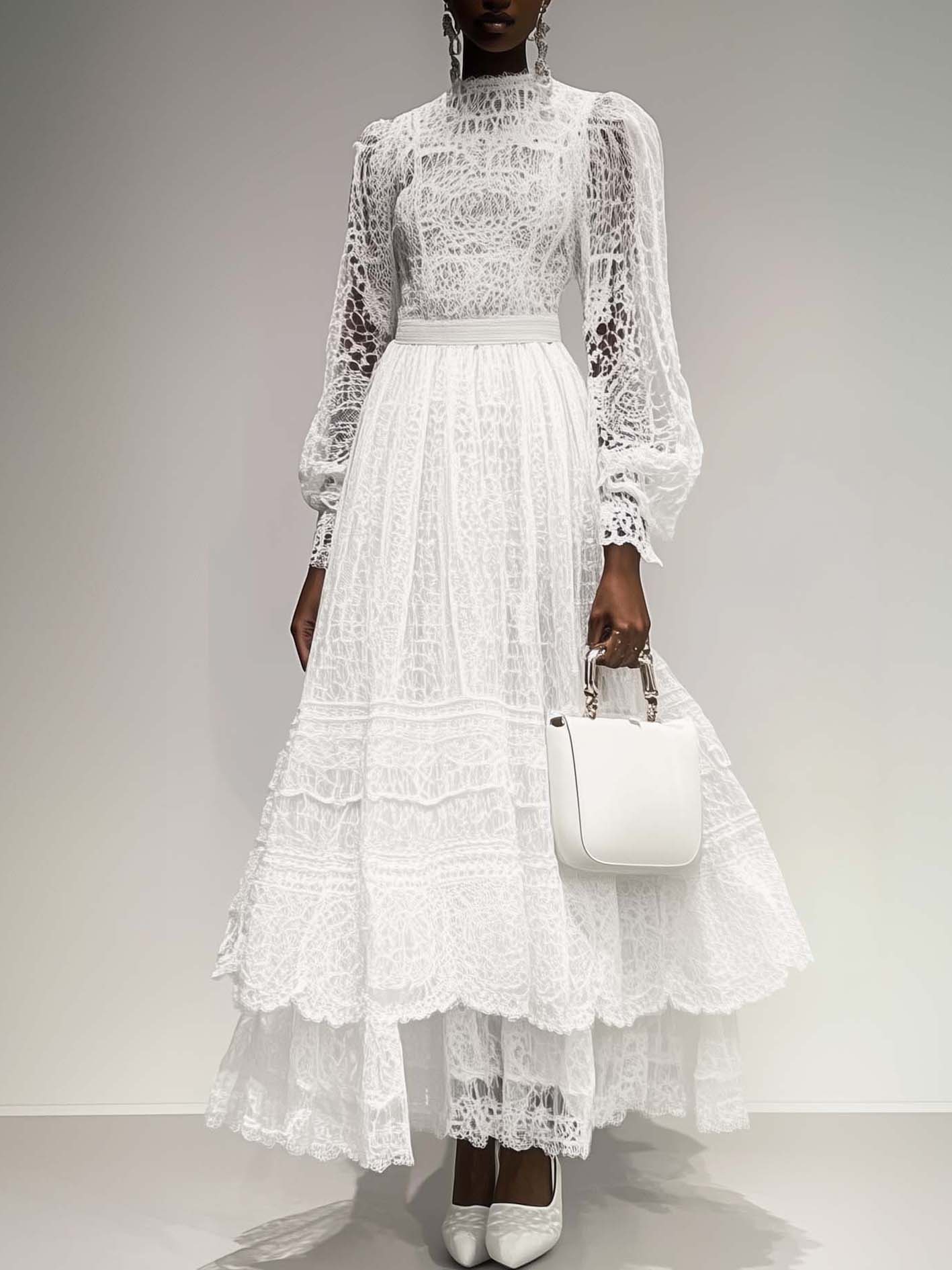 White Lace Maxi Dress With Ruffled Bottom