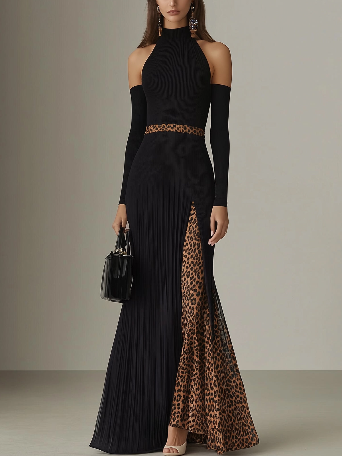 Black Pleated Maxi Dress With Leopard Print Accents