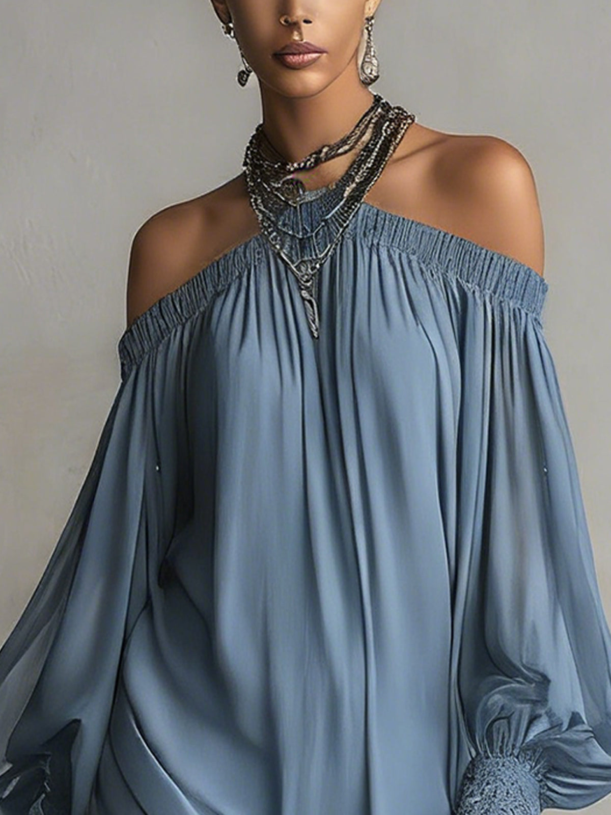 Blue Off-Shoulder Lace Trim Long Sleeve Mini Dress