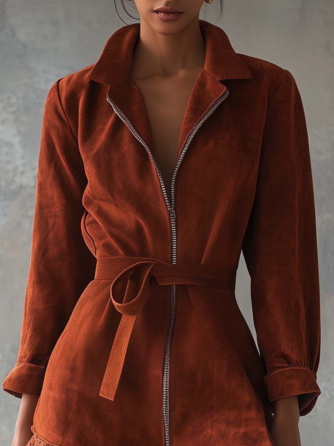 Reddish-brown Faux Suede Mini Dress With Lace And Zipper