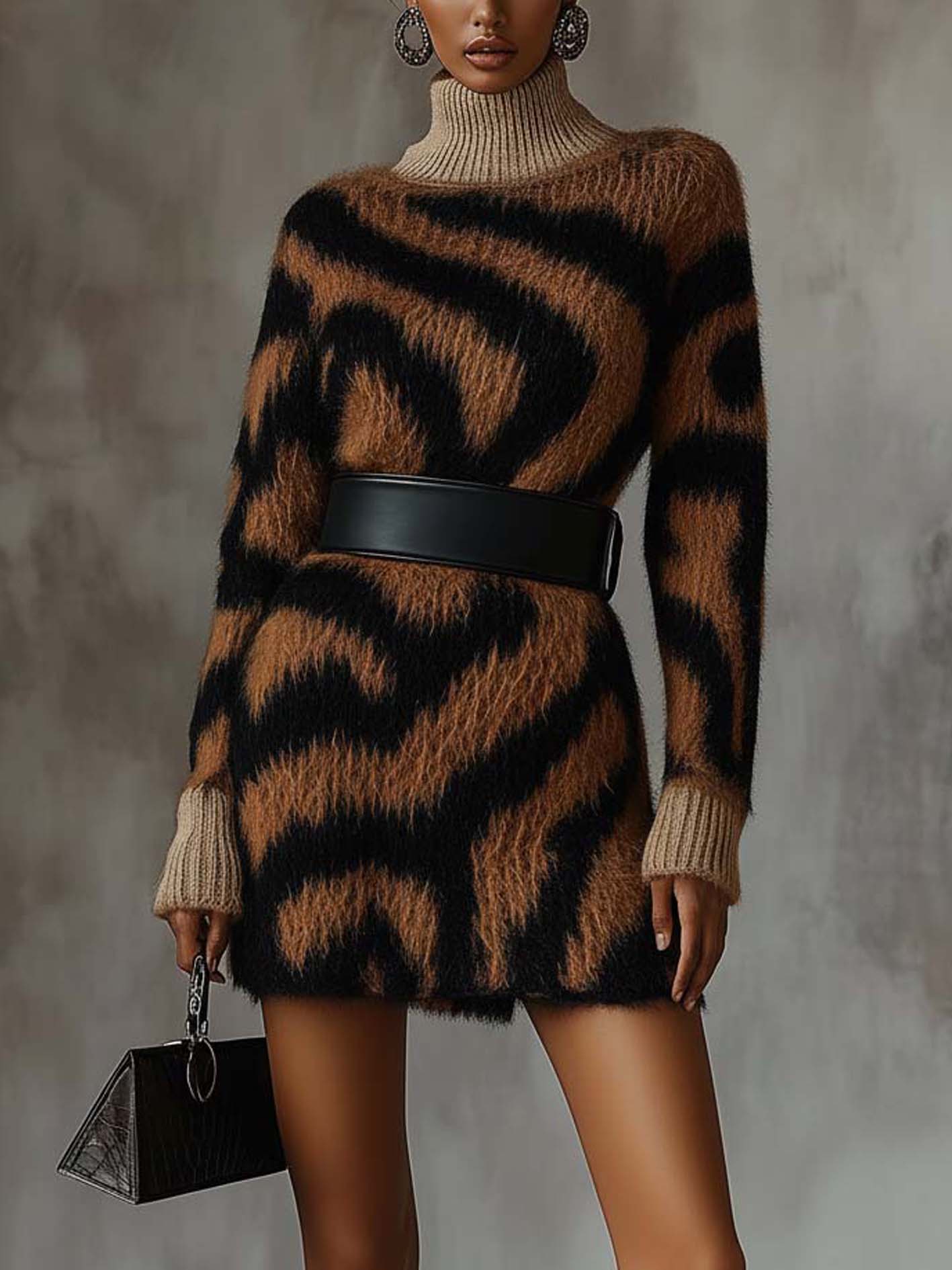 Brown Faux Rabbit Fur Knit Mini Dress With Belt