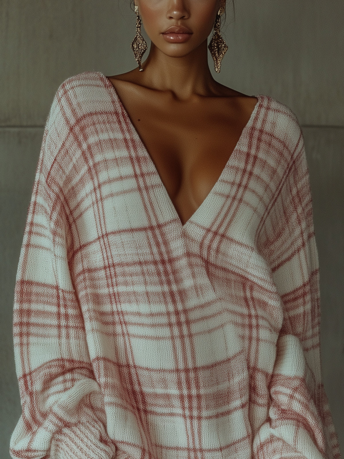 Pink And White Plaid Oversized Sweater Dress