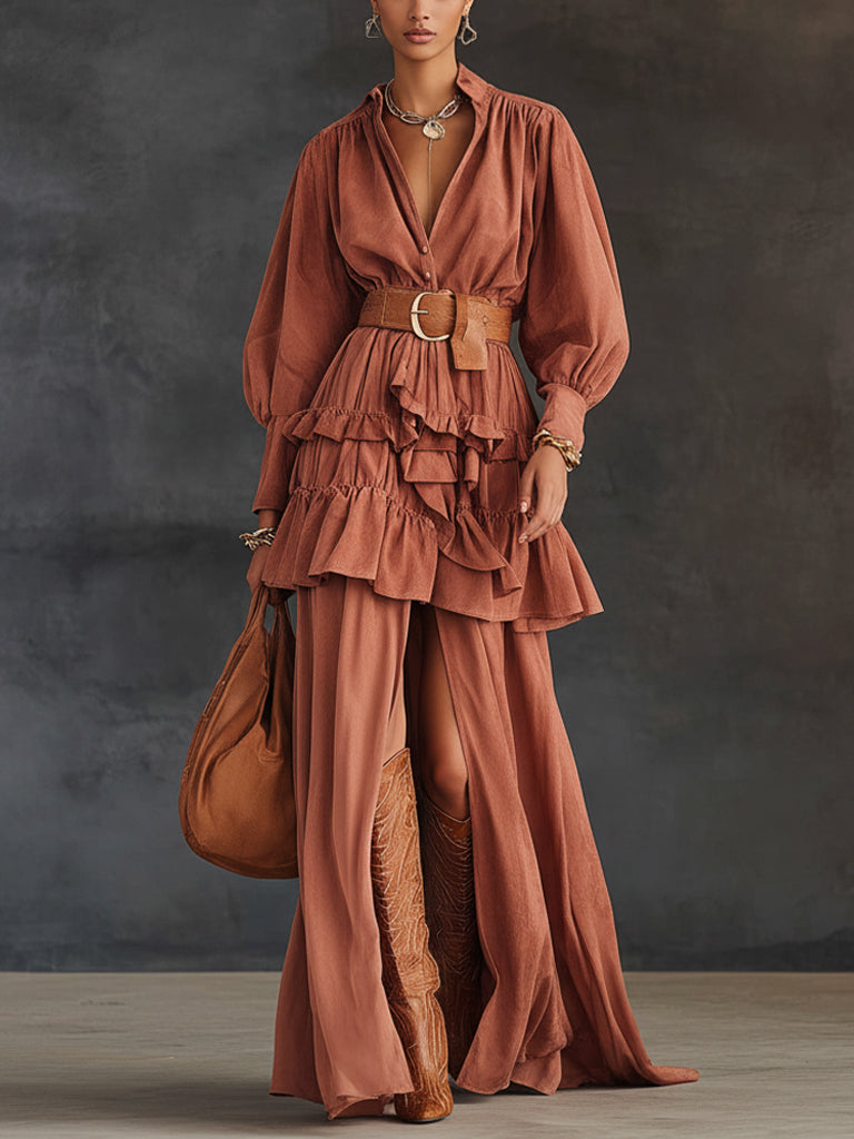 Dark Pink Ruffled Velvet Long Sleeve Maxi Dress With Belt