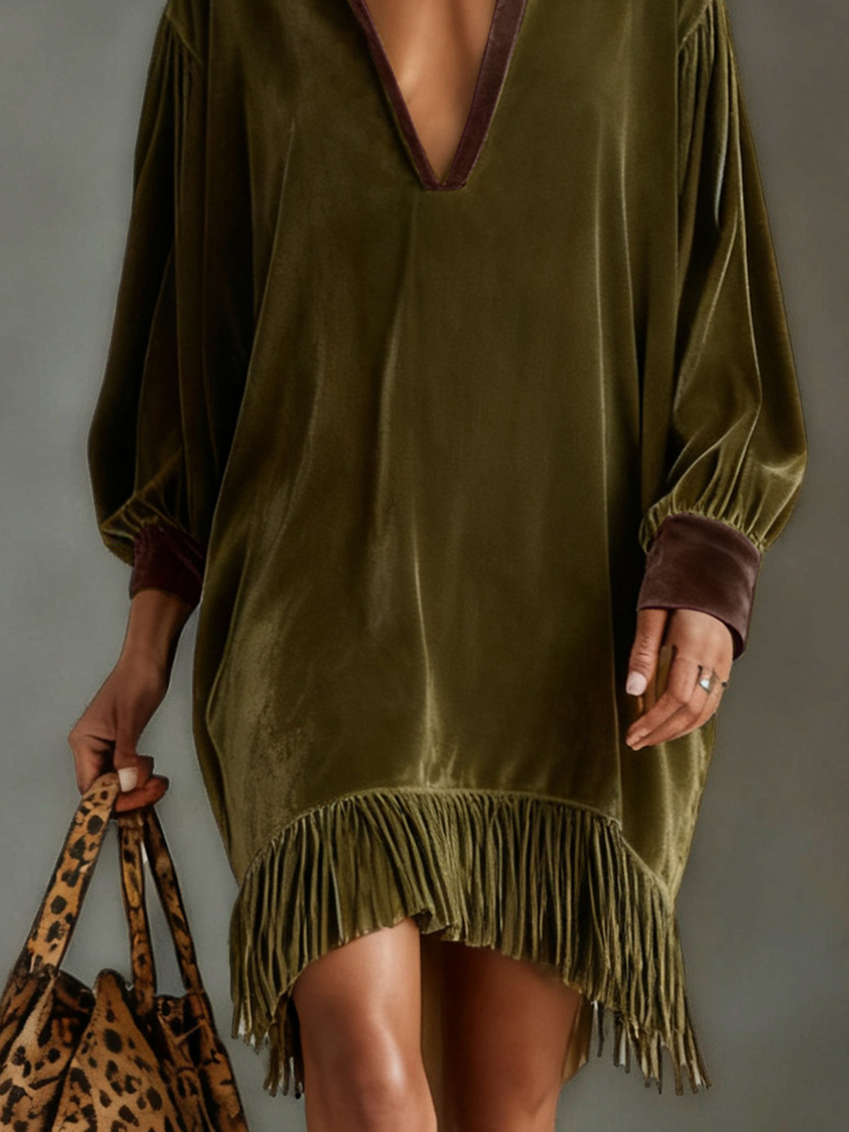 Olive Faux Suede  Fringe Dress With Deep V-Neck