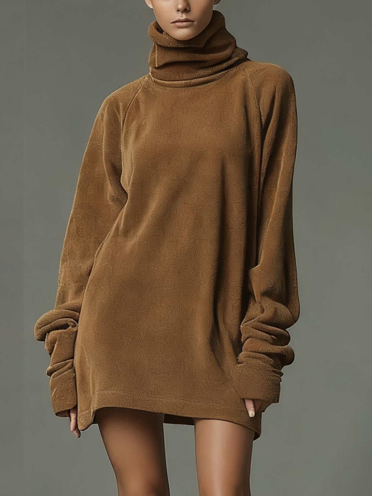 Brown Turtleneck Faux Suede Casual Dress