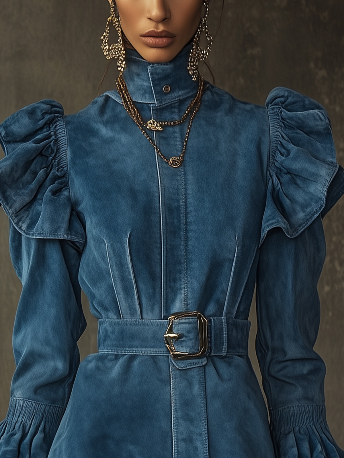 Blue Ruffled Sleeve Belted Faux Suede Mini Dress