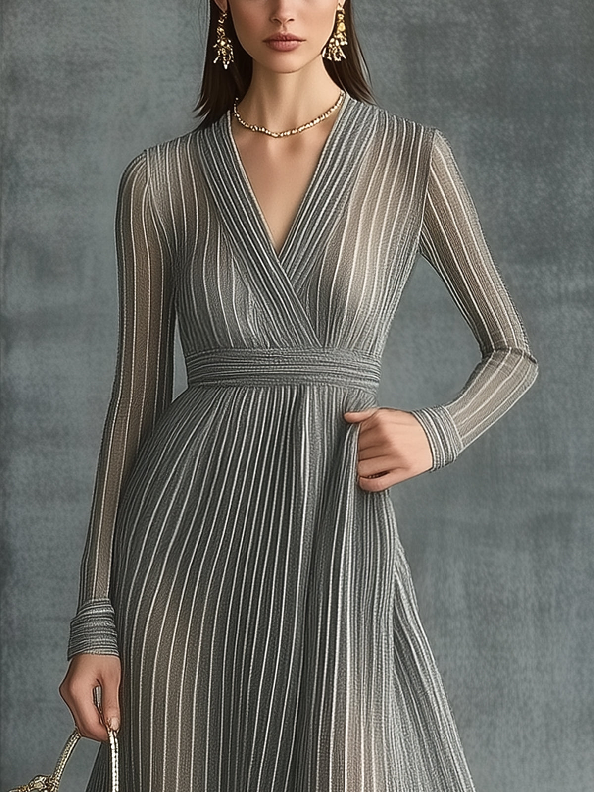 Gray Striped Pleated Wrap V-Neck Long Sleeved Maxi Dress