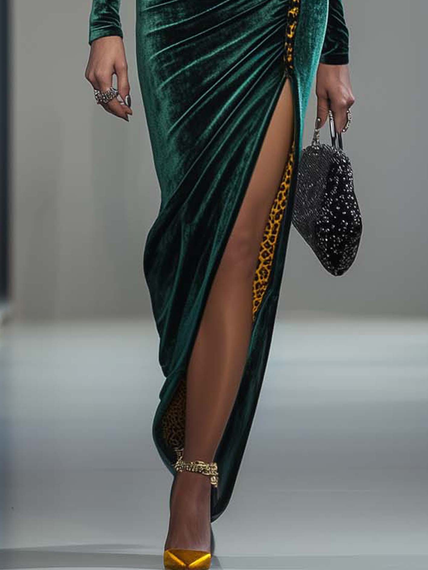 Dark Green Velvet Front Slit Bodycon Dress With Yellow Leopard Print