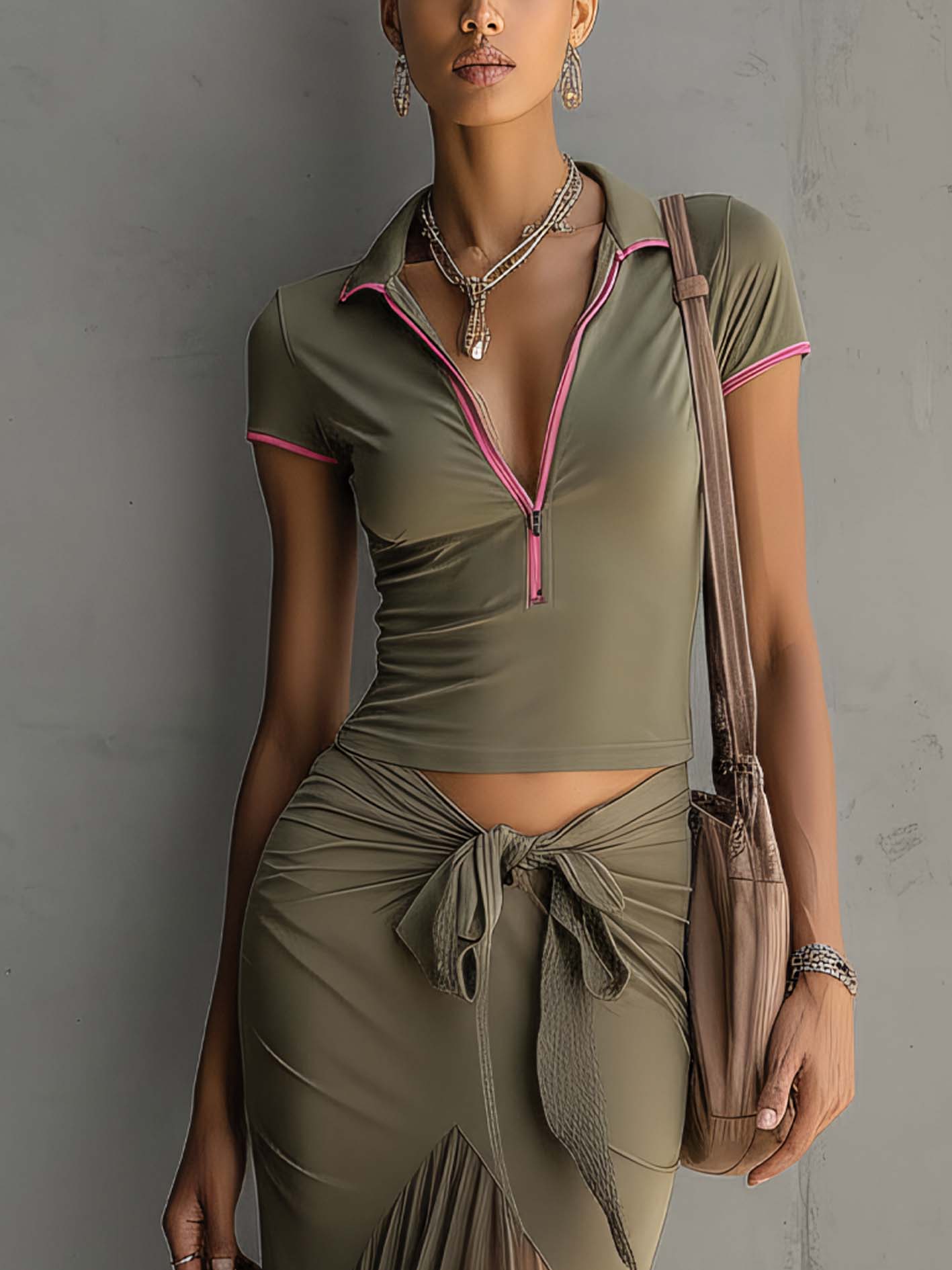 Army Green Pink Trim Chiffon Lace Patchwork Two-Piece Set