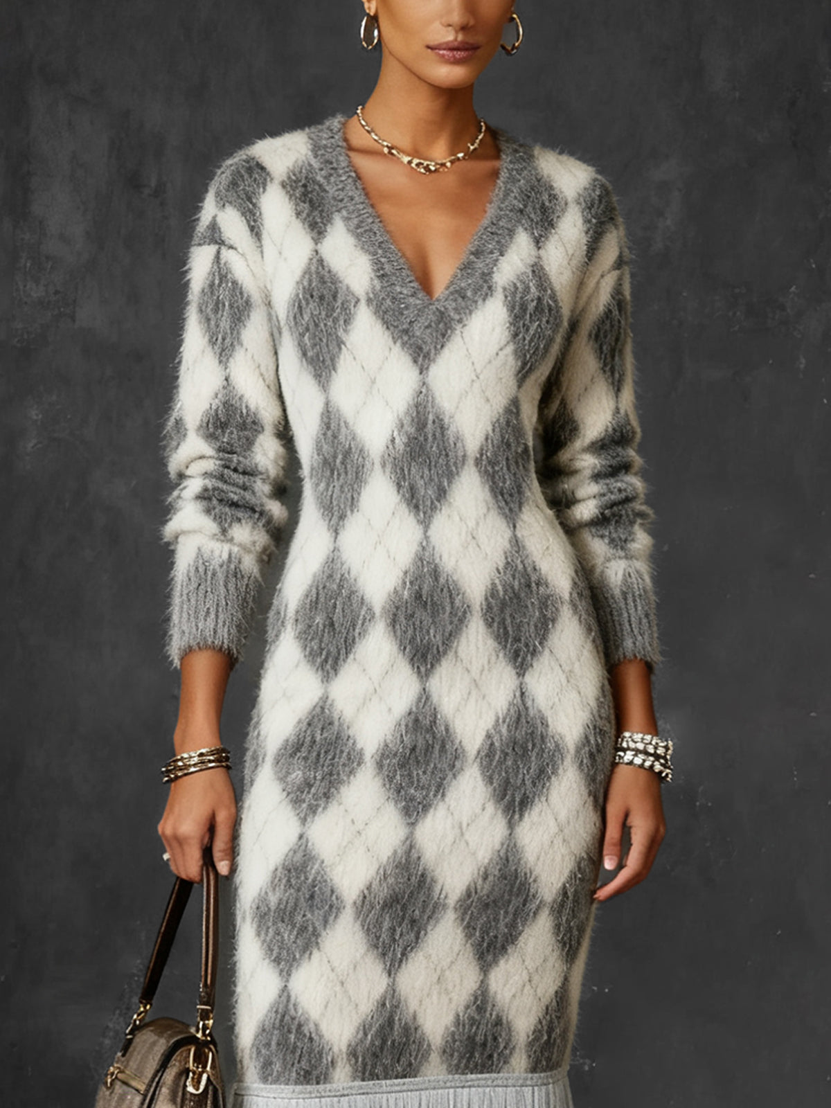 Gray Argyle Knit V-Neck Dress With Fringe Hem