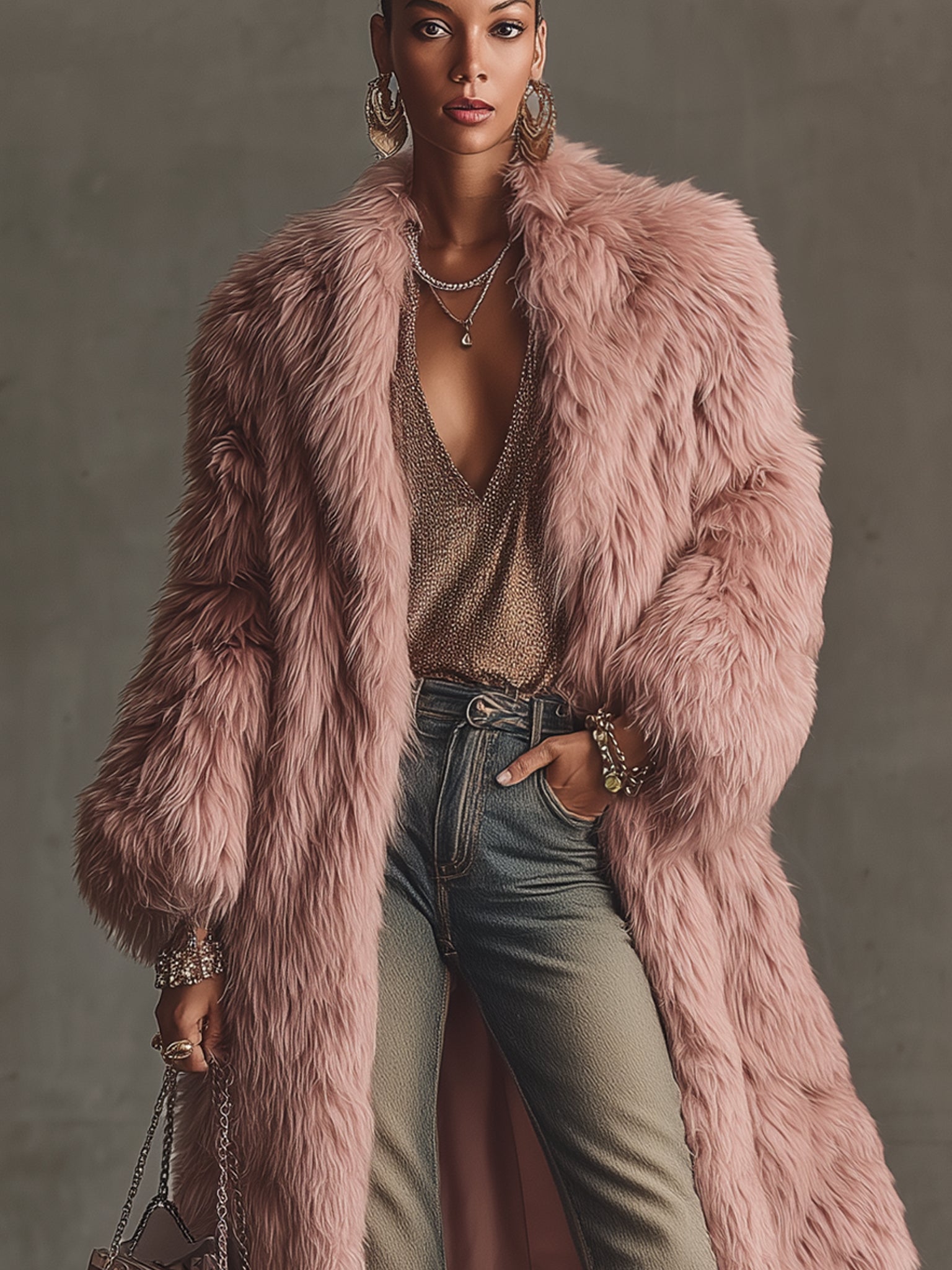 Pink Faux Shearling Eco Friendly Long Coat