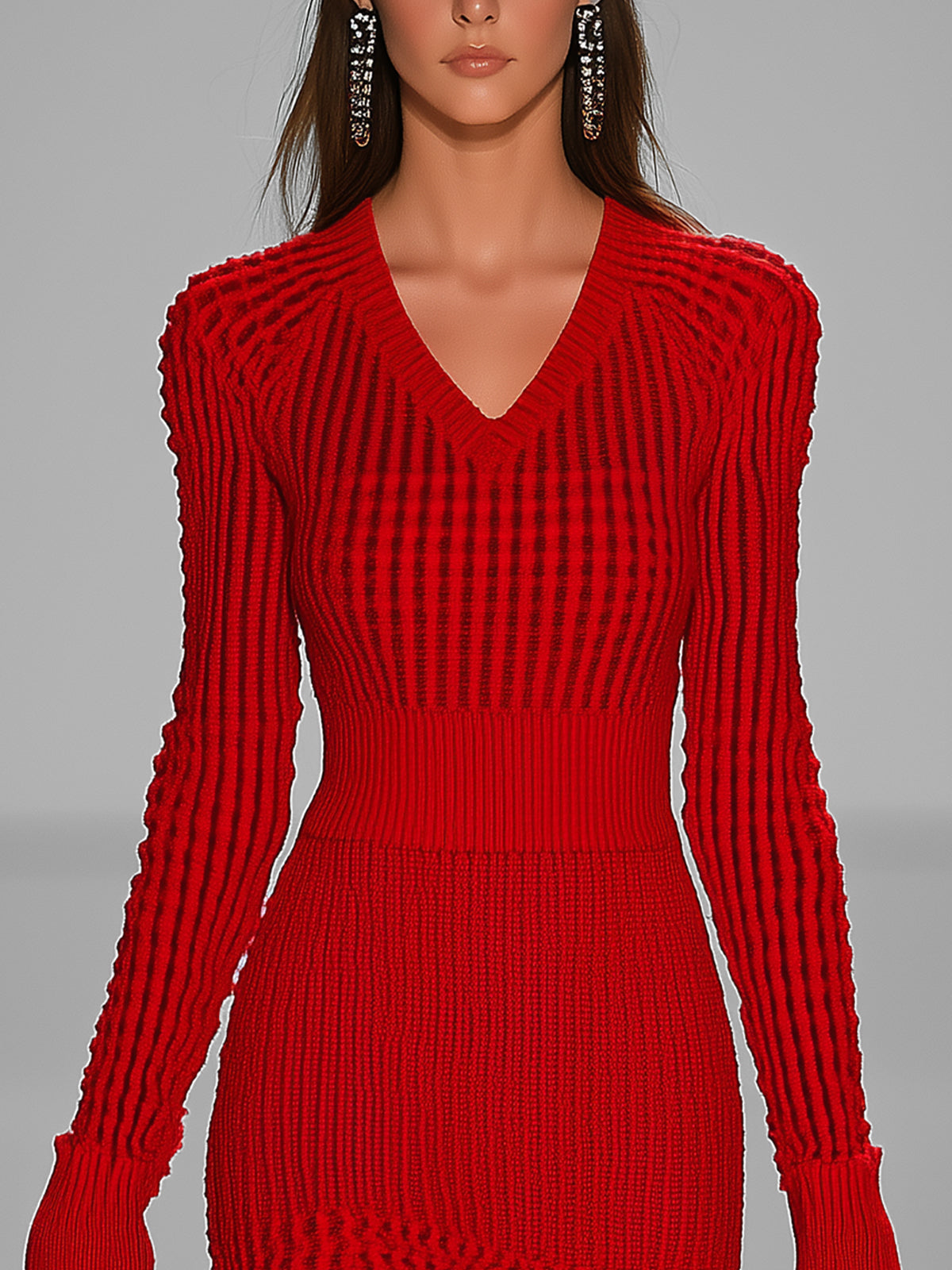 Red Knit Bodycon Dress With Long Sleeves