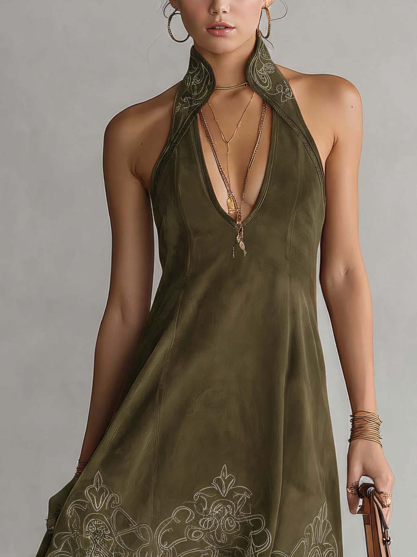 Olive Green Faux Suede Embroidered Halter Mini Dress