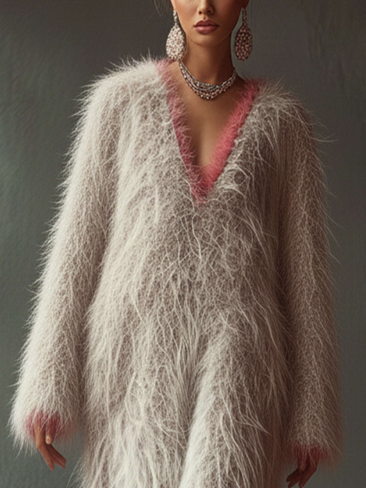 Gray Soft Fuzzy Angora Dress With Pink Accents And Deep V-Neck