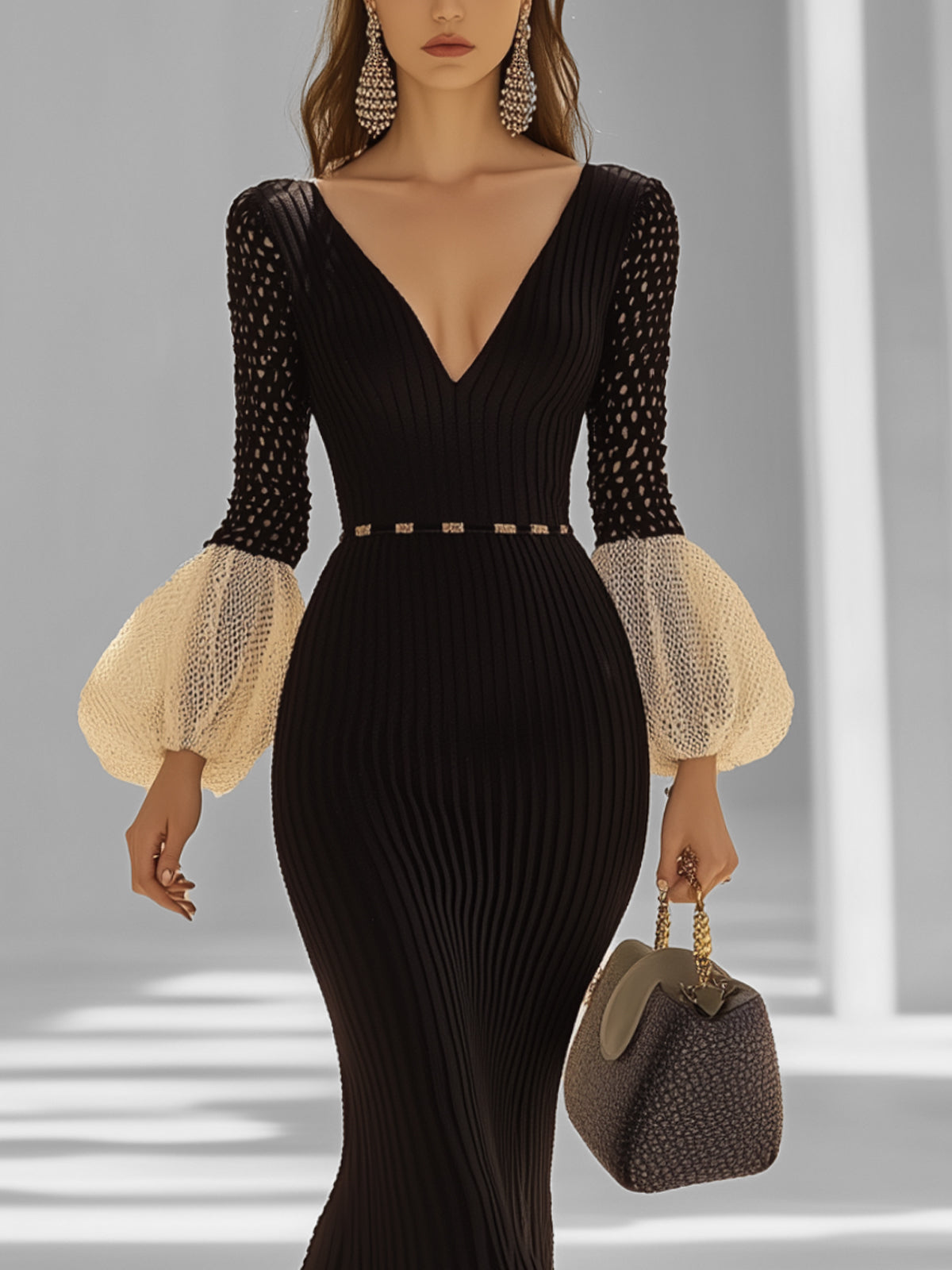 Black Maxi Dress With Contrast Balloon Sleeves