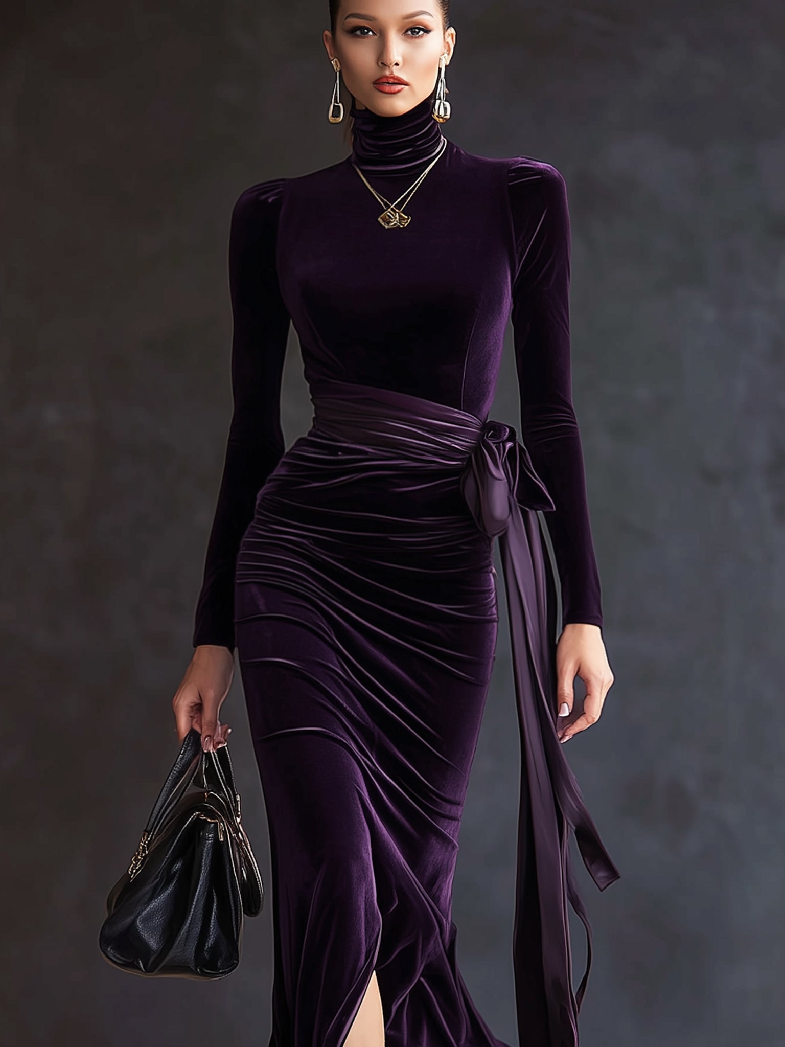 Purple Velvet Turtleneck Pleated Long Sleeve Maxi Dress With Satin Belt