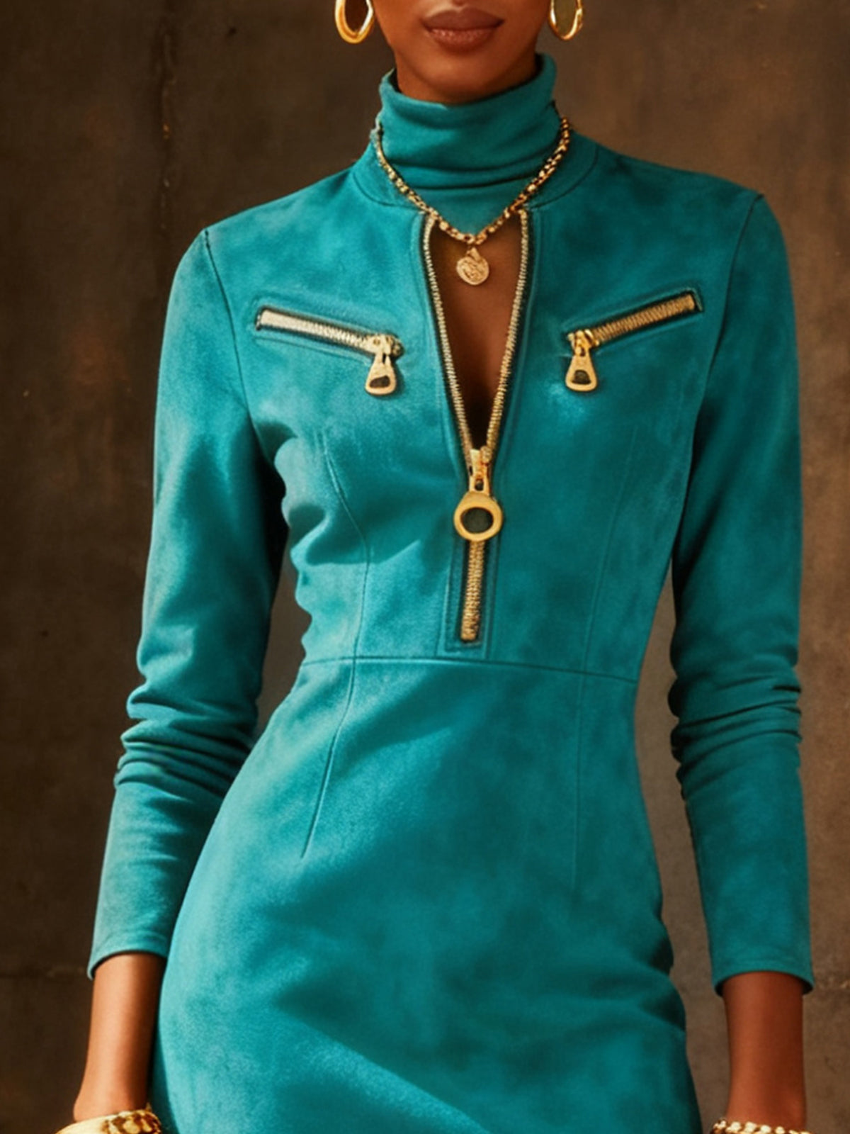 Blue Faux Suede Zip-Detail Turtleneck Mini Dress