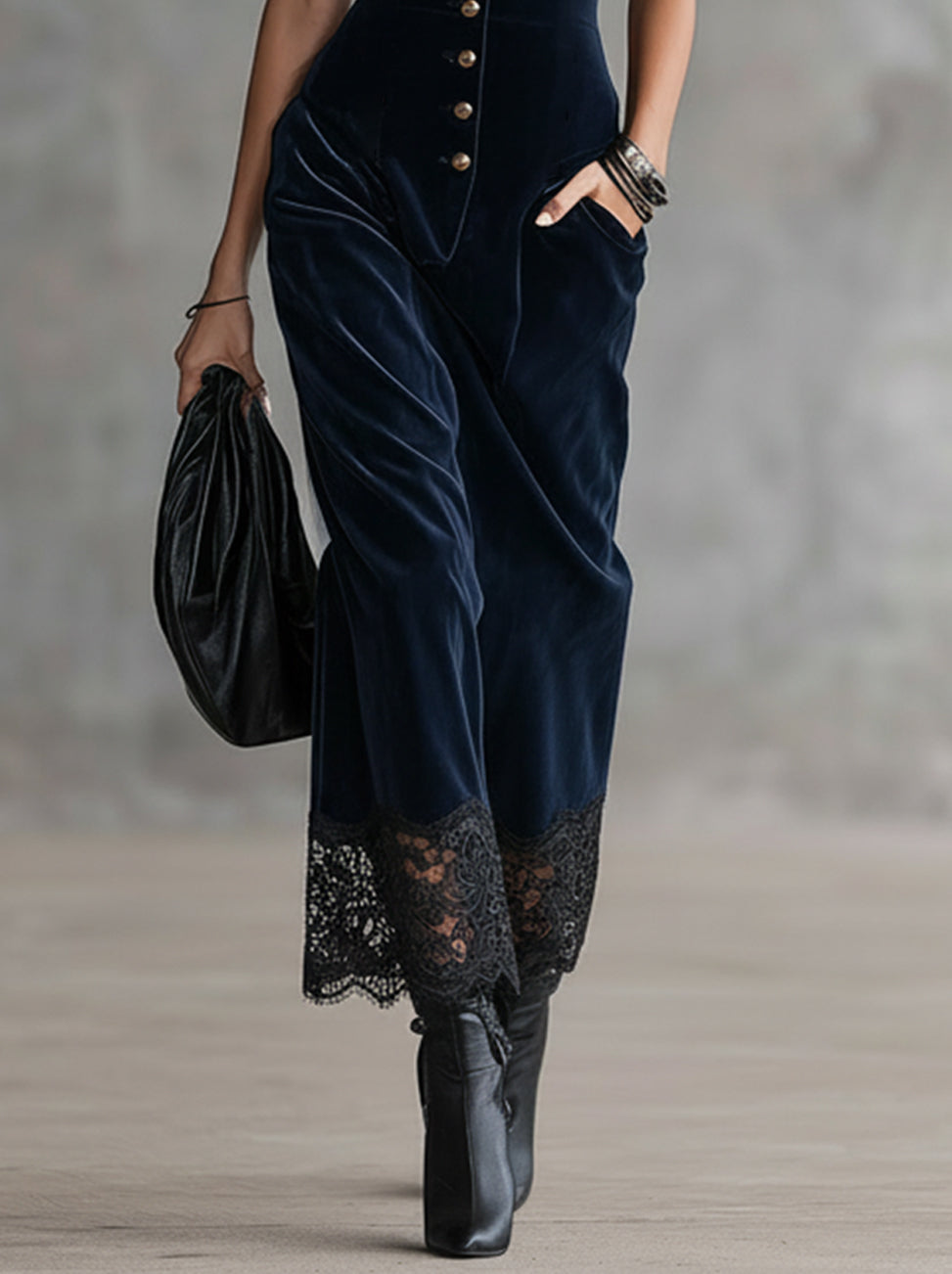 Blue Velvet Strapless Maxi Dress With Lace And Button‑Front Detail