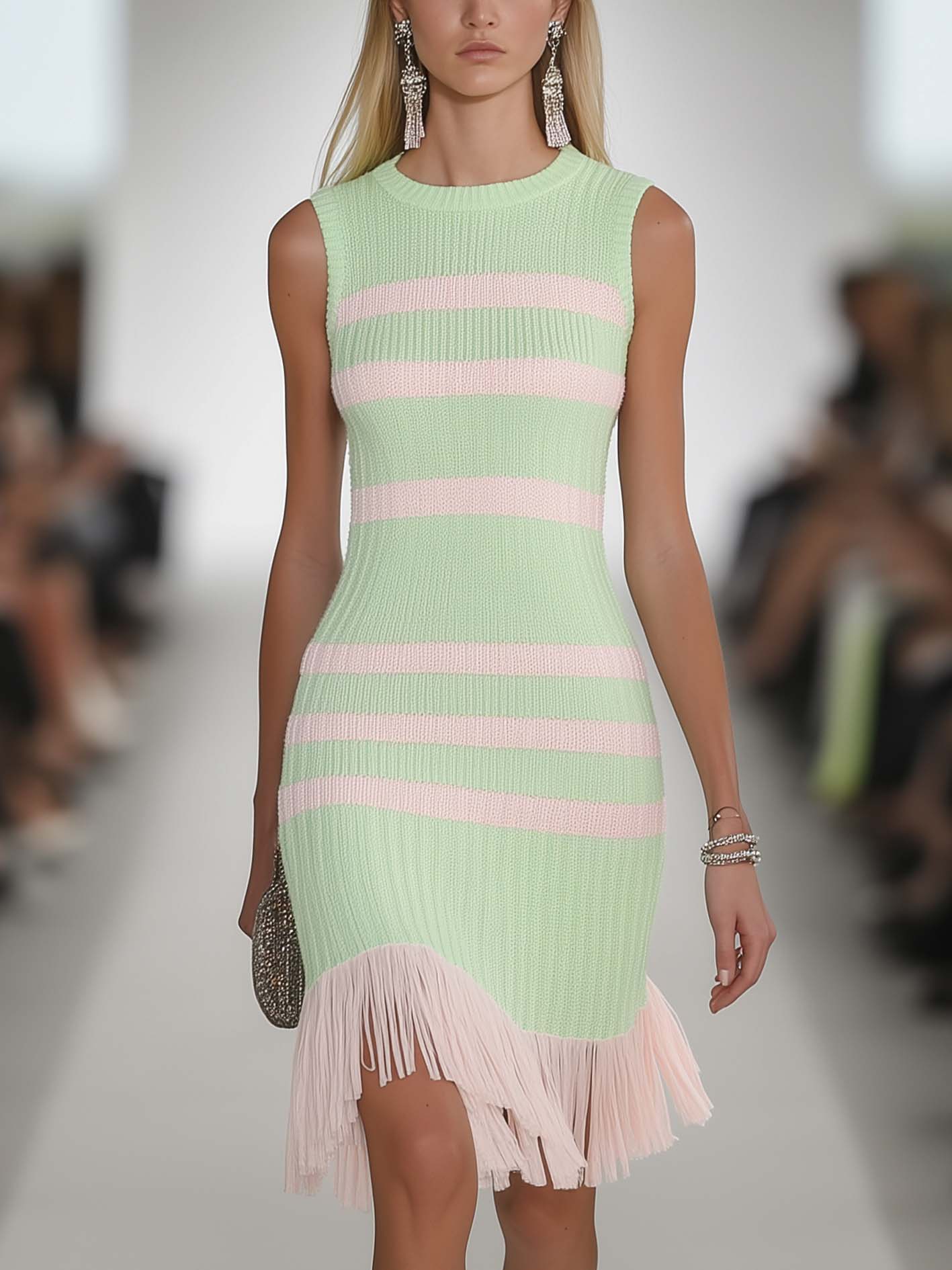 Light Green Knitted Midi Bodycon Dress With Pink Stripes And Tassels