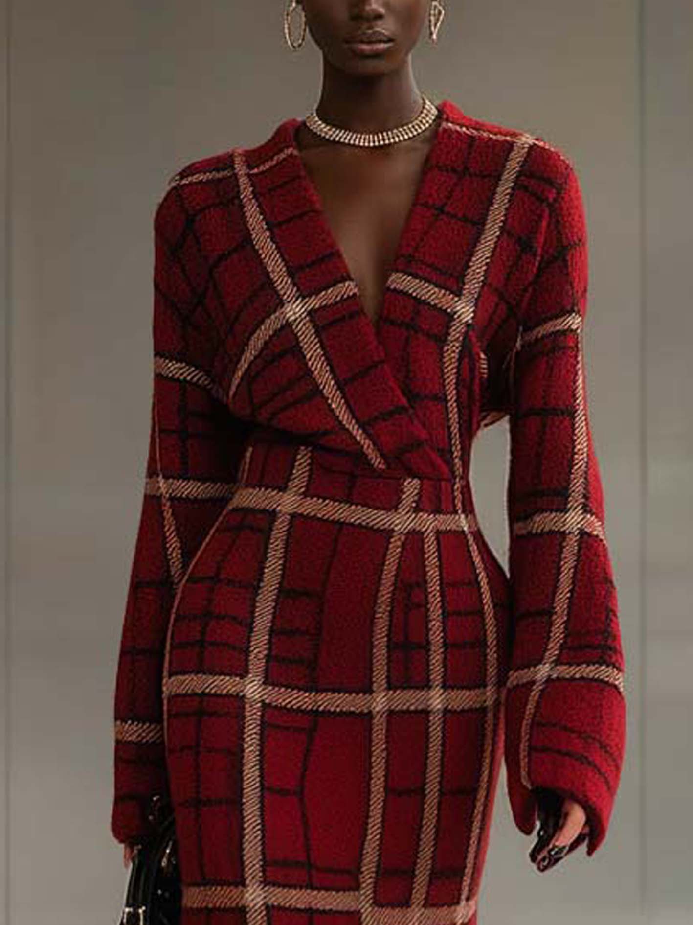 Burgundy Knit Mini Dress With Beige Check