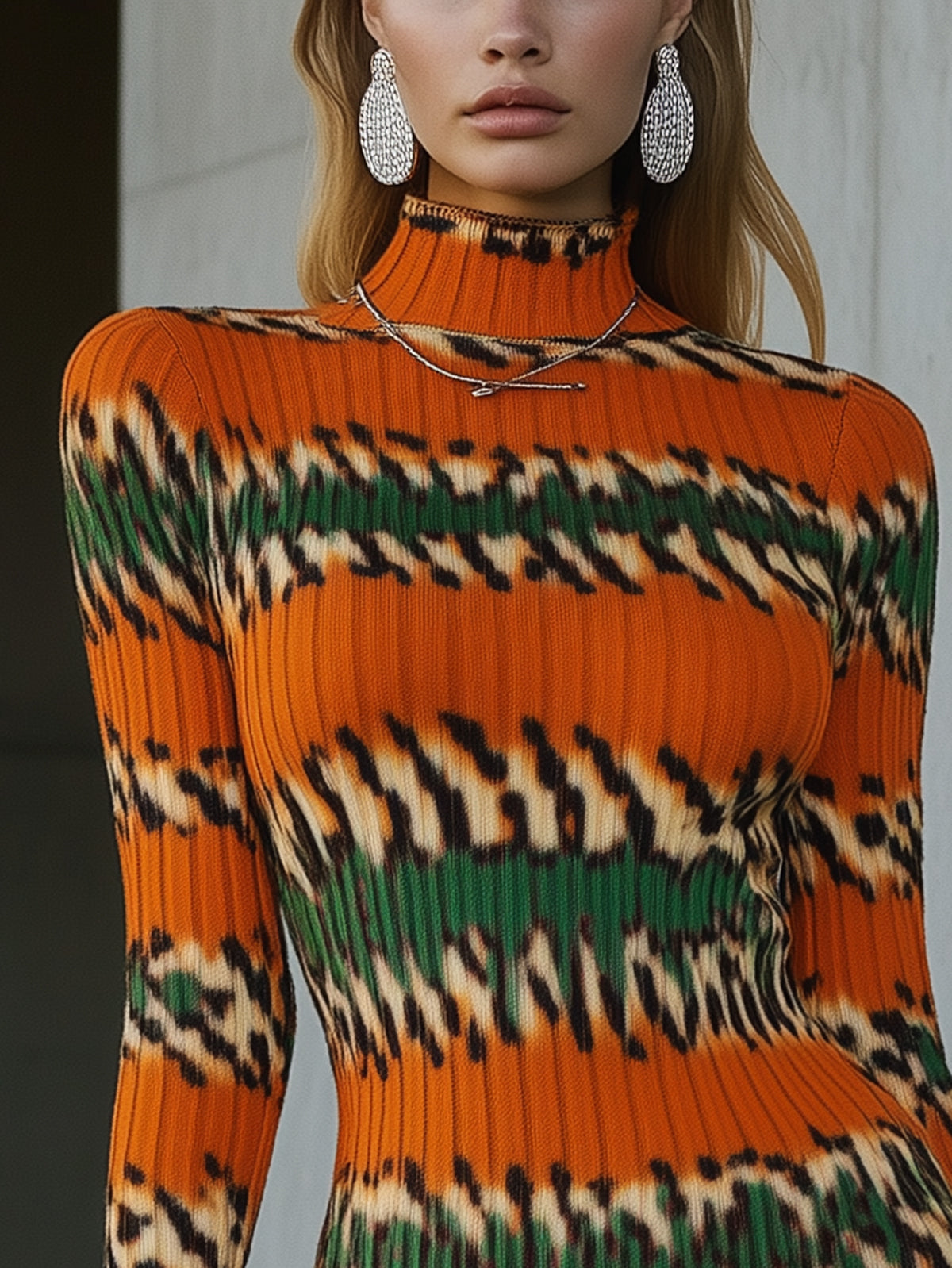 Orange Leopard Print Ribbed Bodycon Mock Neck Long Sleeve Mini Dress