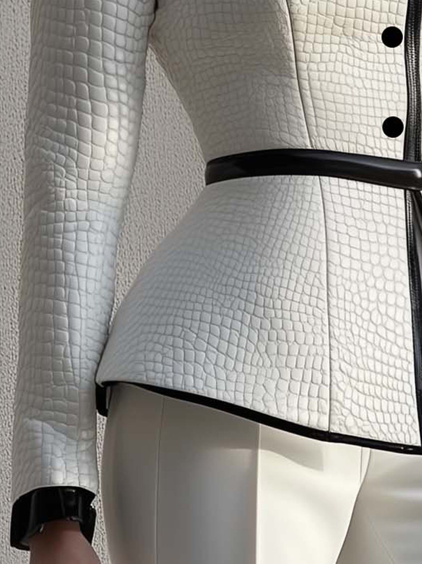 White Textured Faux Leather Jacket With Stand Collar And Black Trim