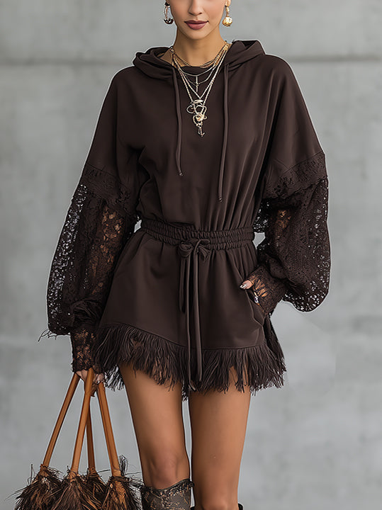 Brown Lace-Sleeve Hoodie Mini Dress With Fringe Hem