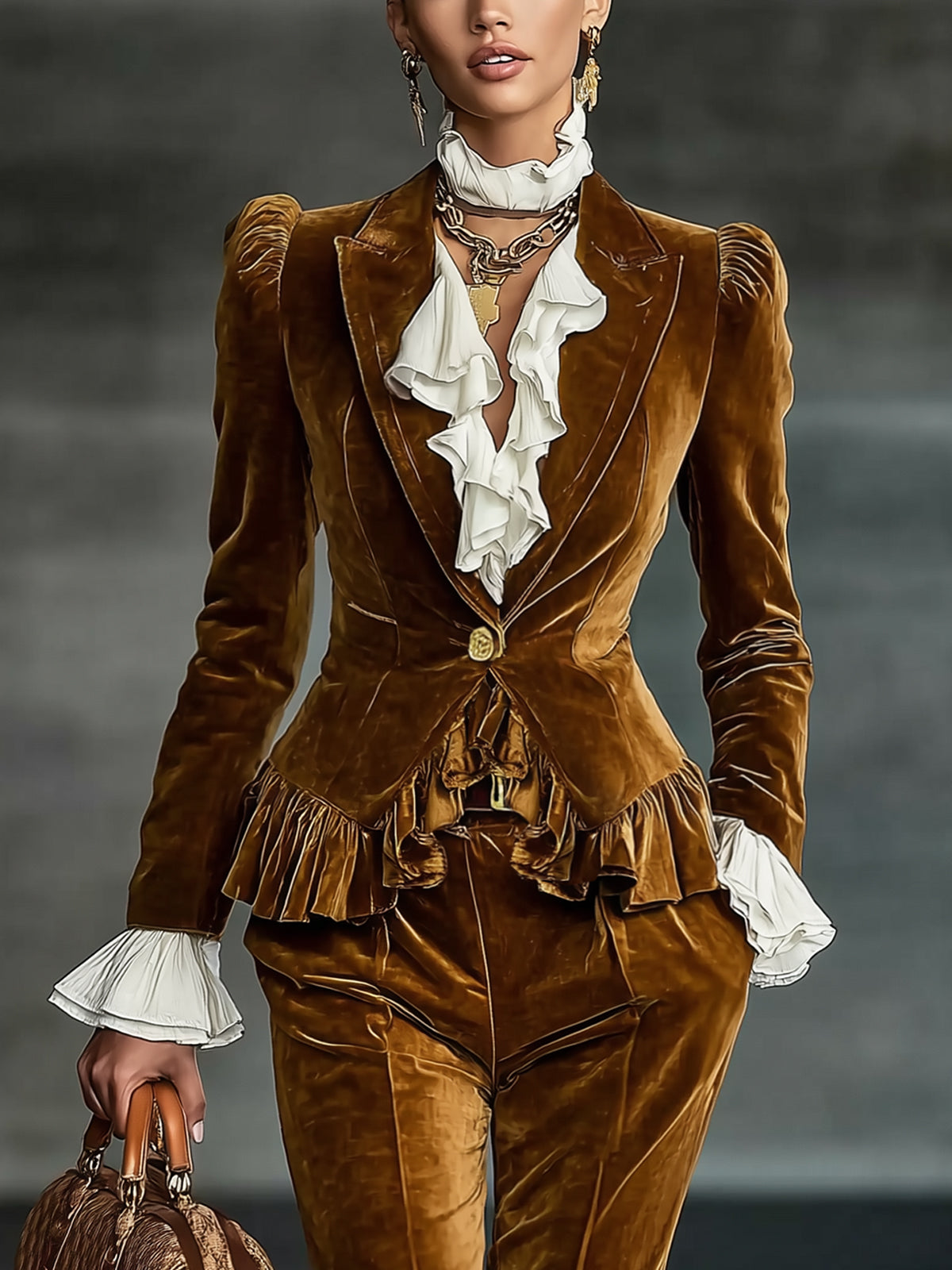 Gold Vintage Ruffle Velvet Single Button Blazer