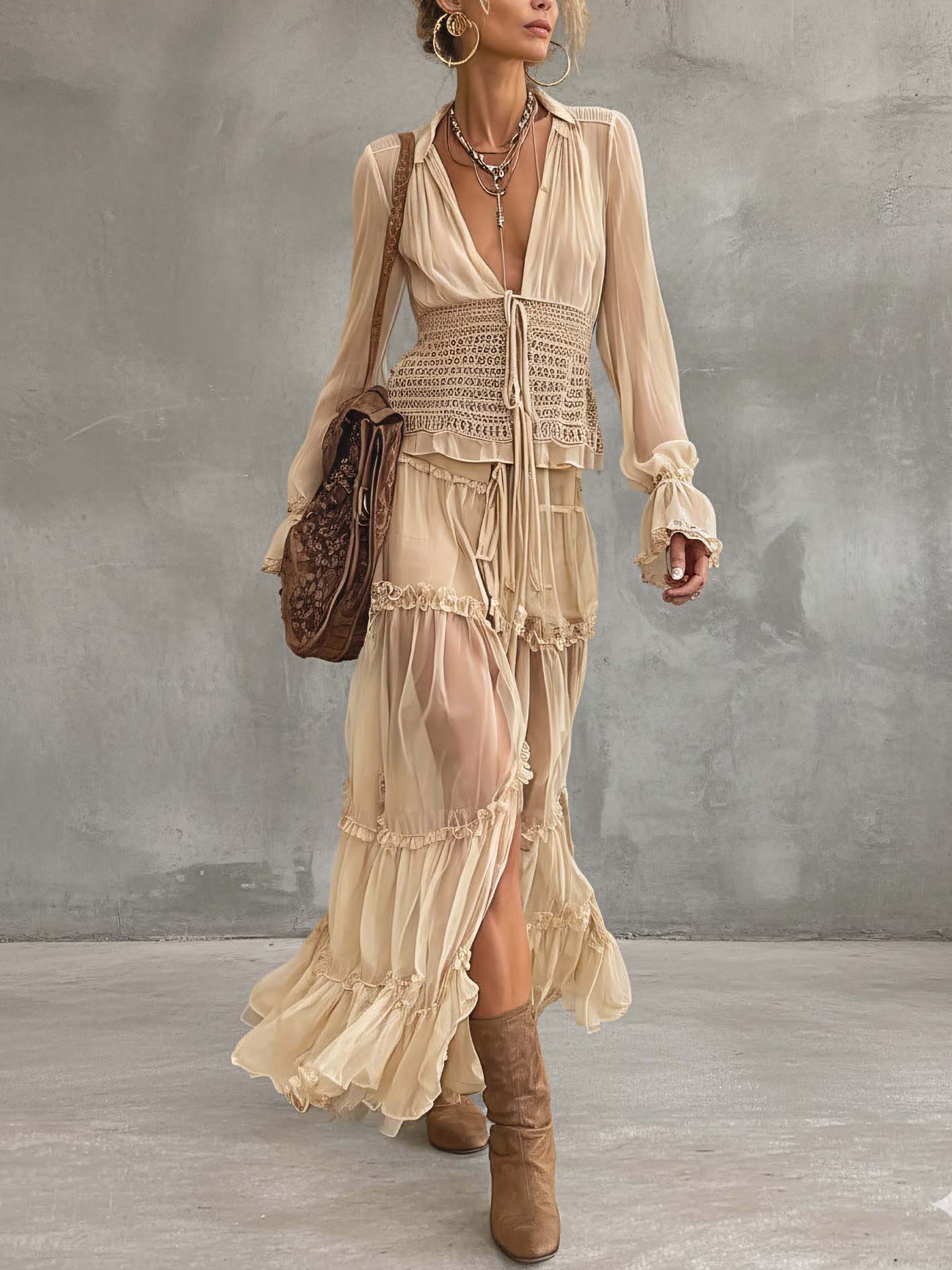 Beige Chiffon Ruffle Boho Long Sleeve Crop Blouse And High Waist Skirt Set