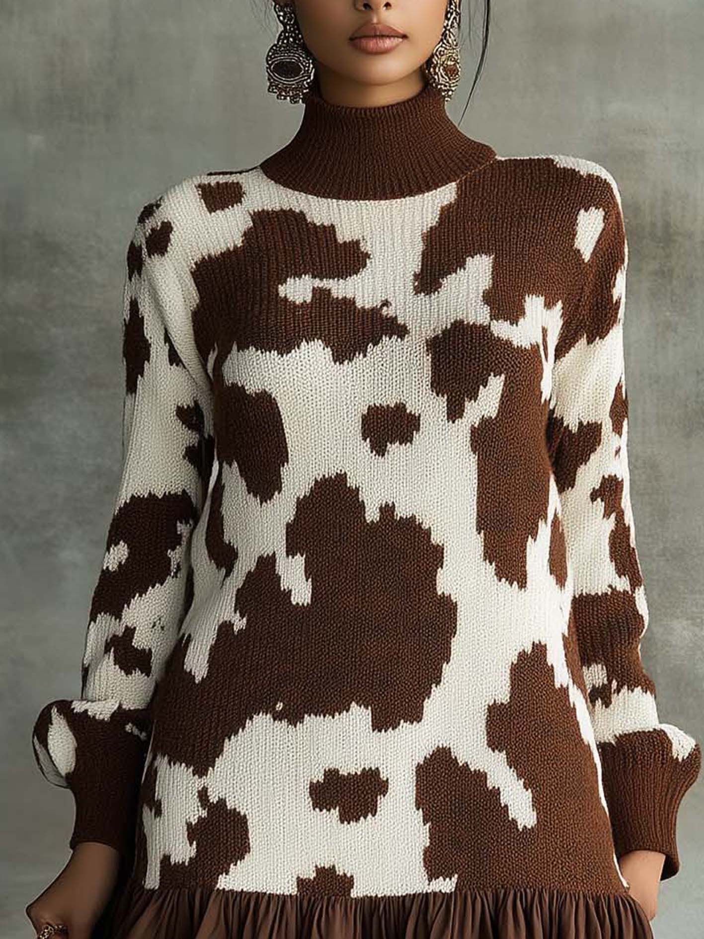 Brown Cow-print Knitted Mini Dress With Ruffles