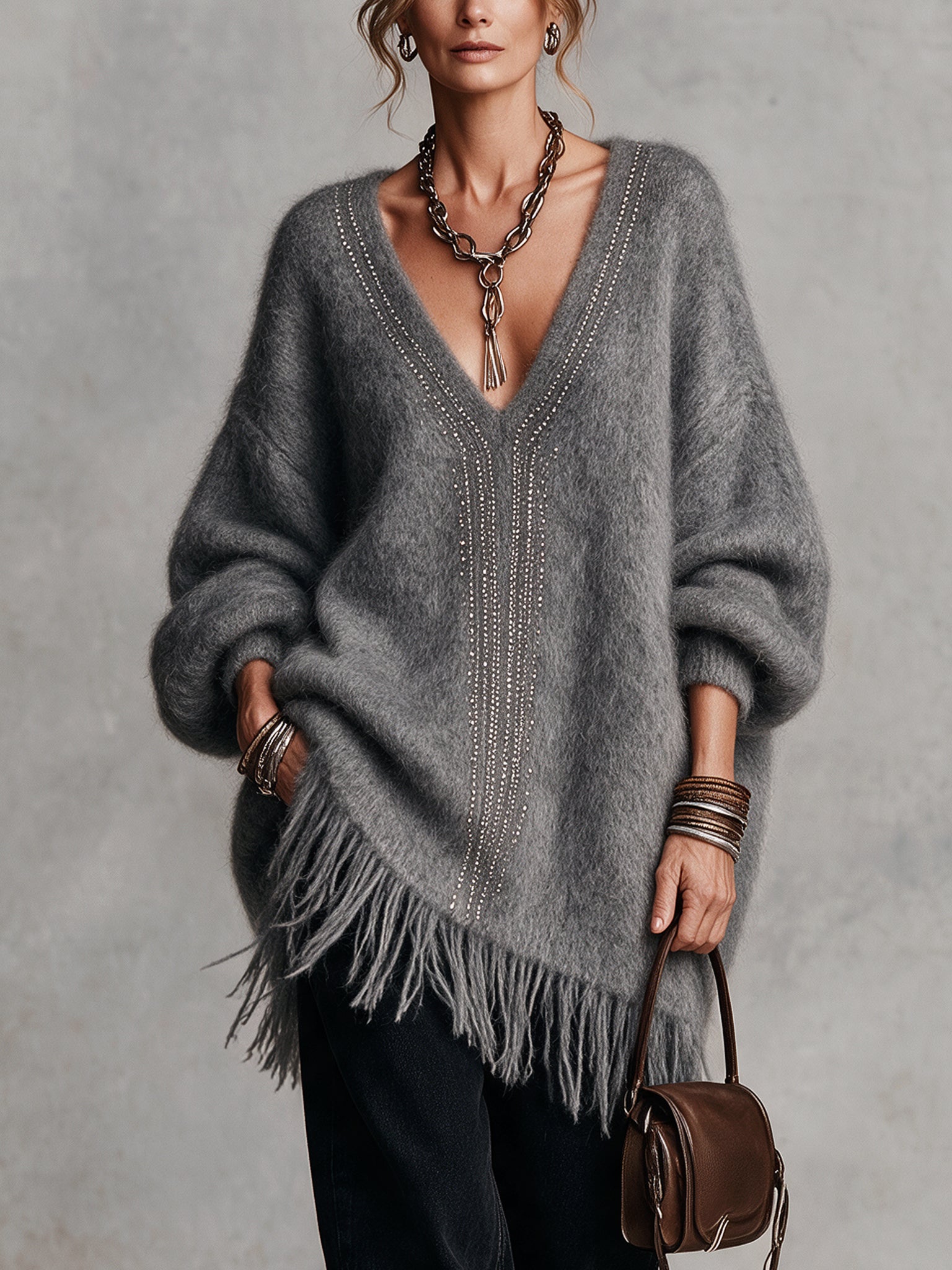 Gray Mohair Loose Fringed V-Neck Sweater