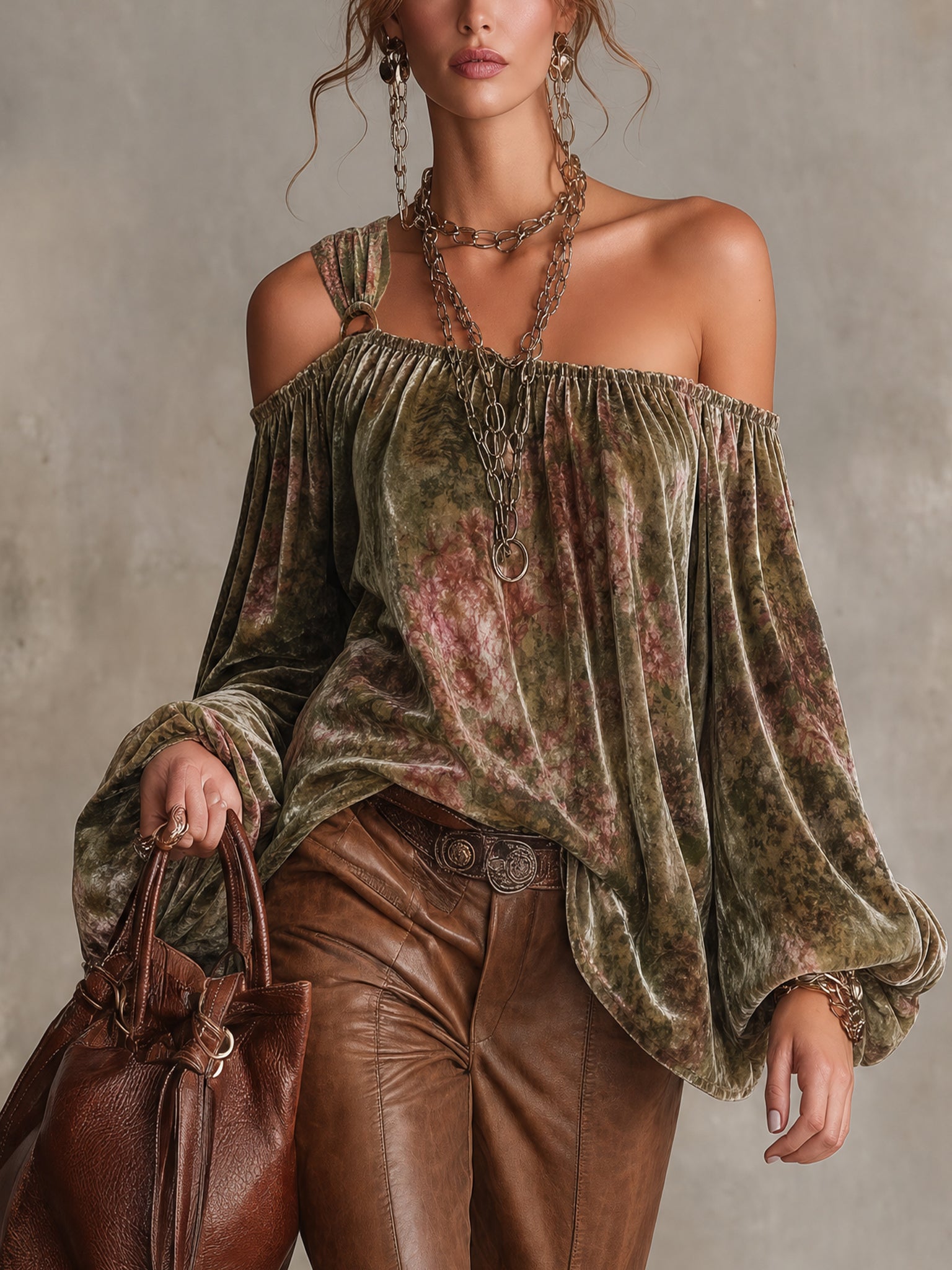 Green Velvet Floral Print Off Shoulder Loose Top