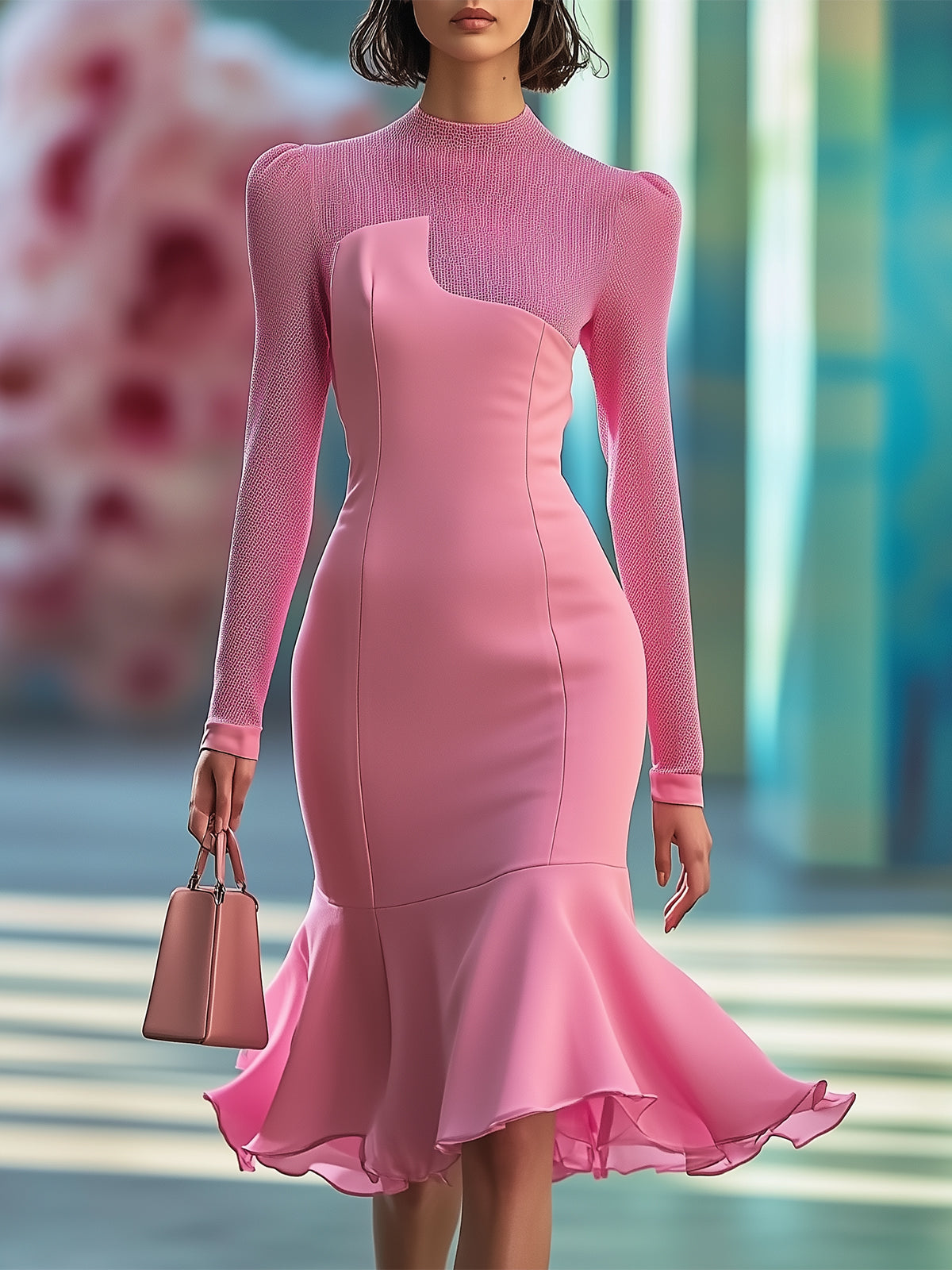 Pink Bodycon Dress With Mesh Neckline, Sleeves And Mermaid Hem