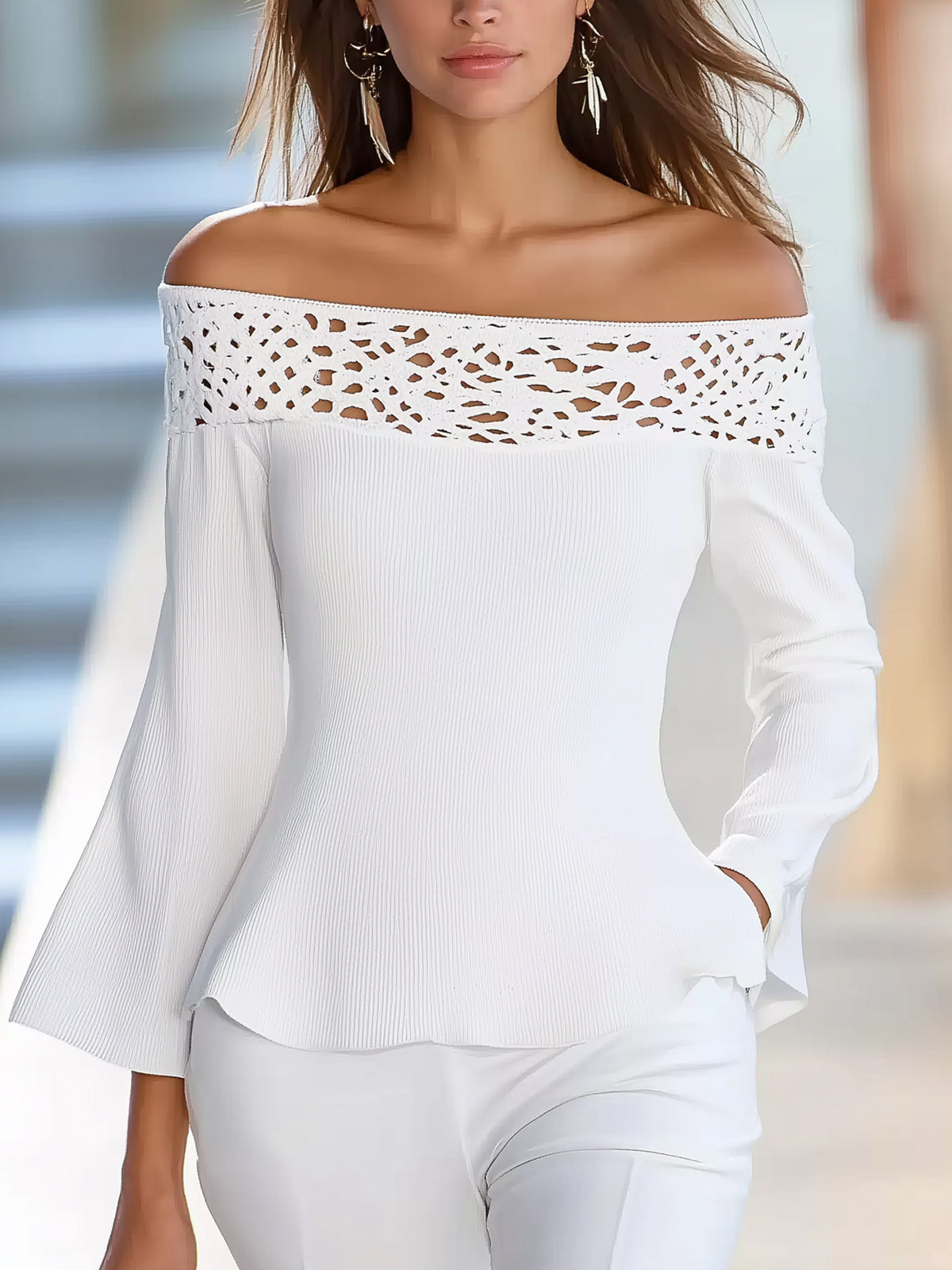 Hollow Out Off-Shoulder Bell Sleeve T-Shirt