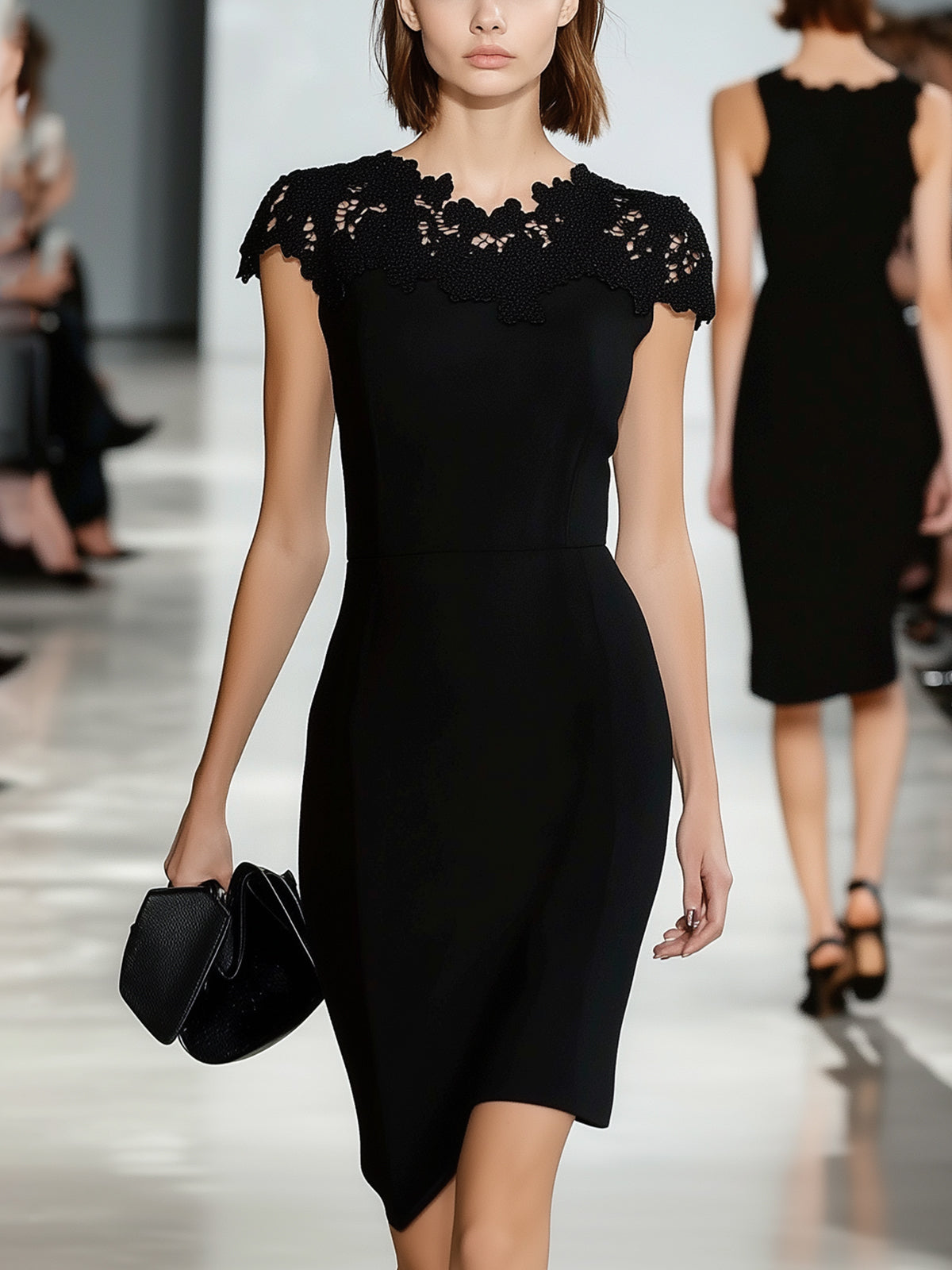 Elegant Black Sleeveless Bodycon Dress With Lace Neckline