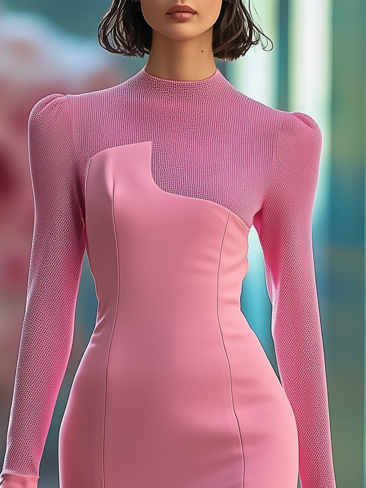 Pink Bodycon Dress With Mesh Neckline, Sleeves And Mermaid Hem