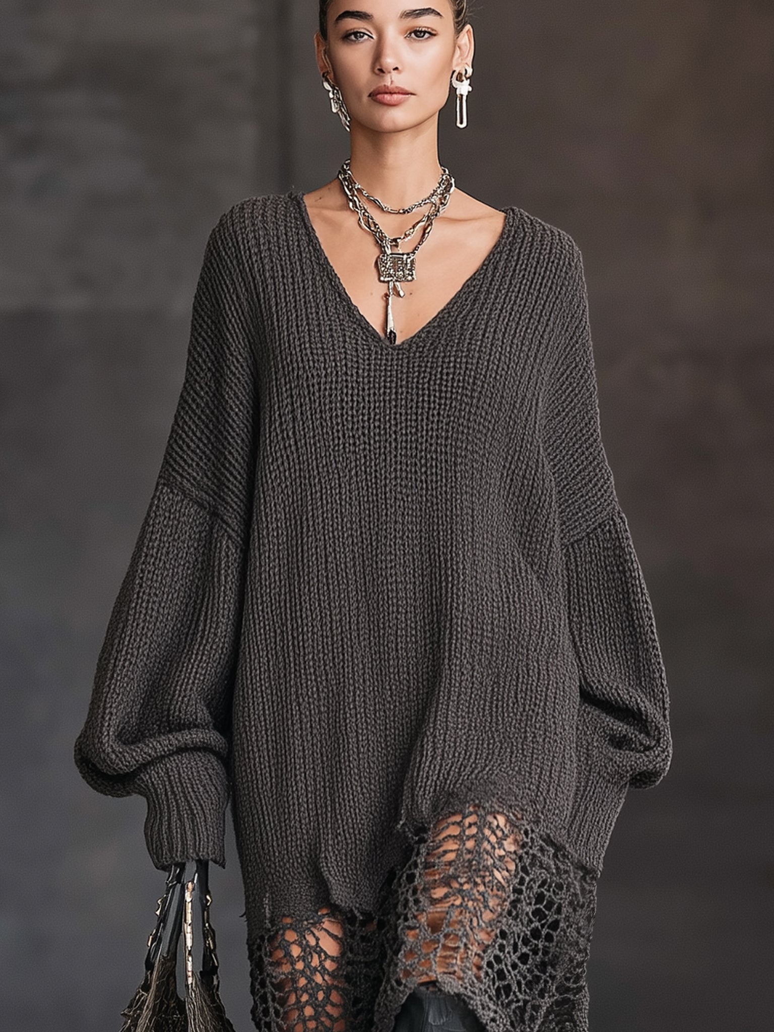Charcoal Gray V-Neck Knit Mesh Long Sleeve Midi Dress