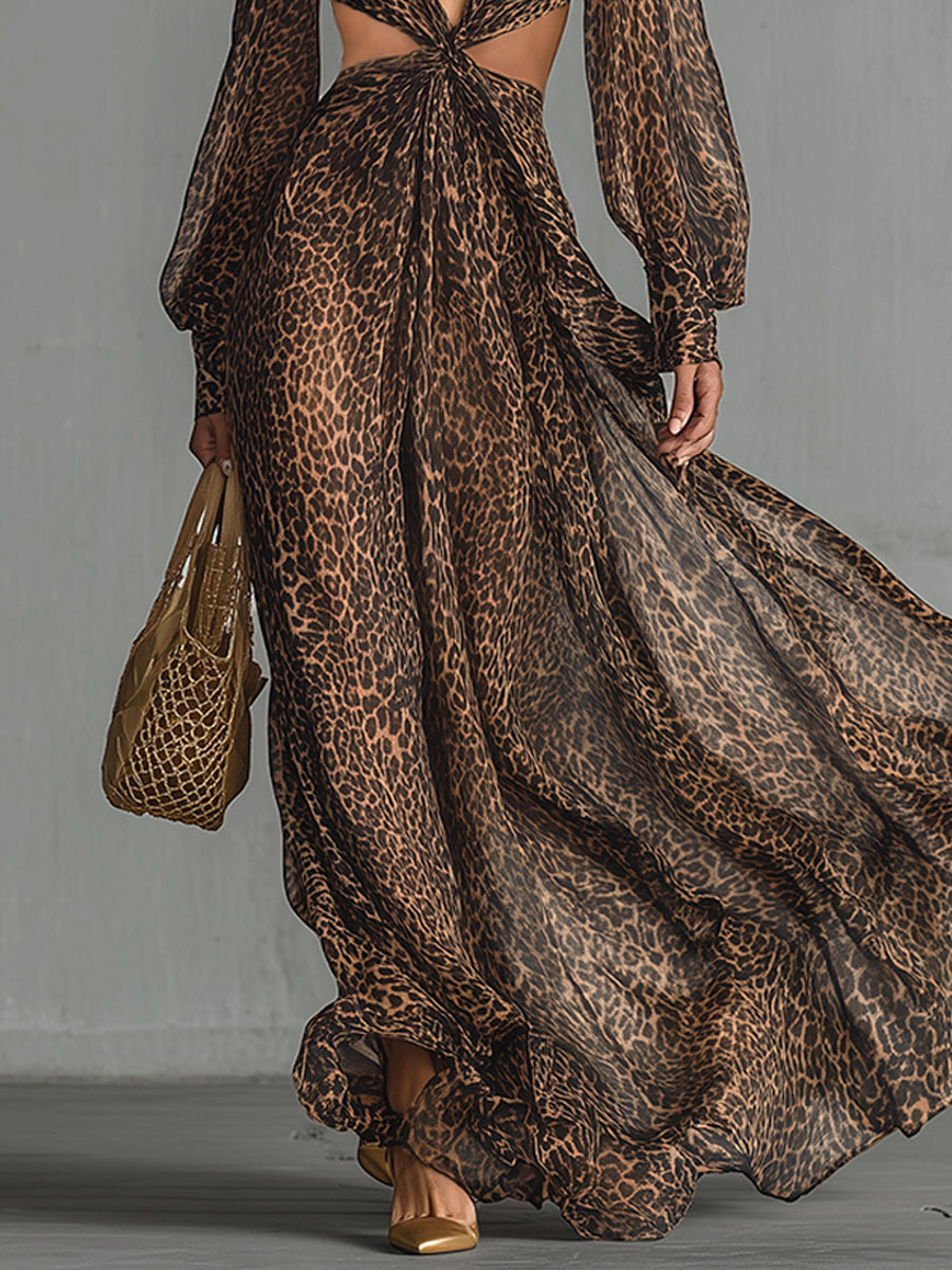 Coffee Leopard Print Chiffon Cutout Maxi Dress