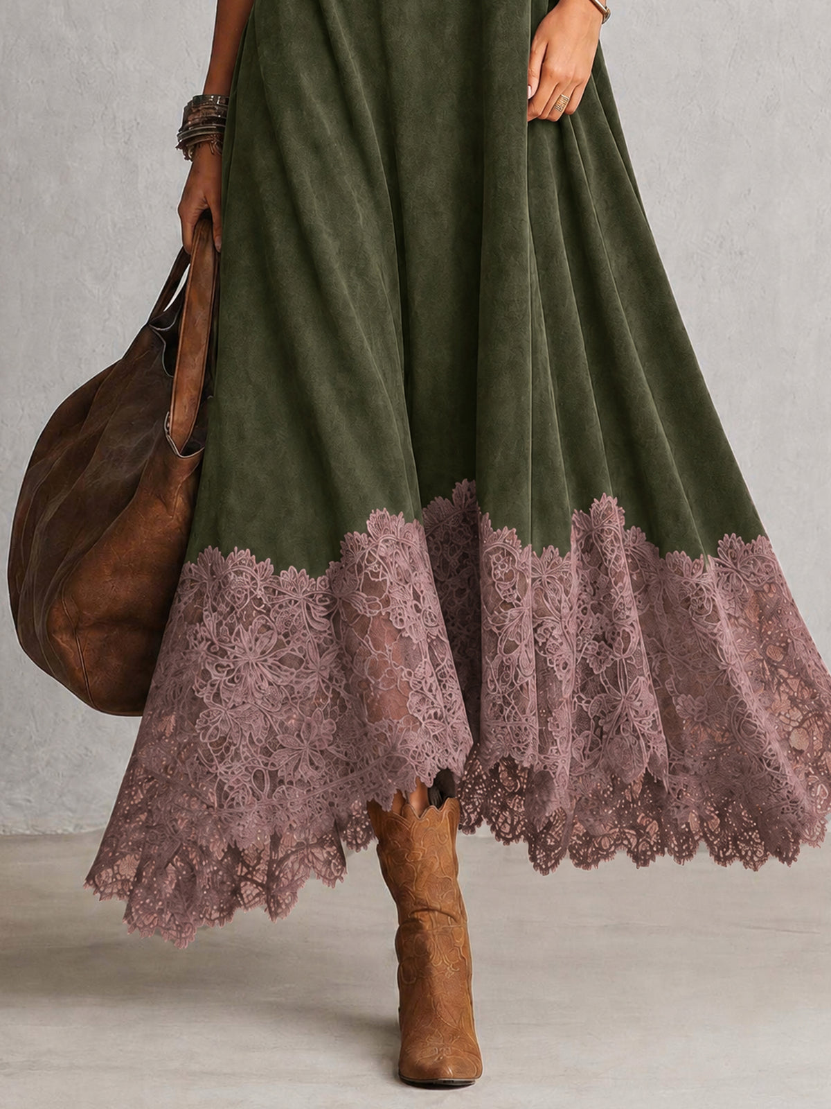 Vintage Brown Suede Feel Long Sleeve Lace Hem Maxi Dress